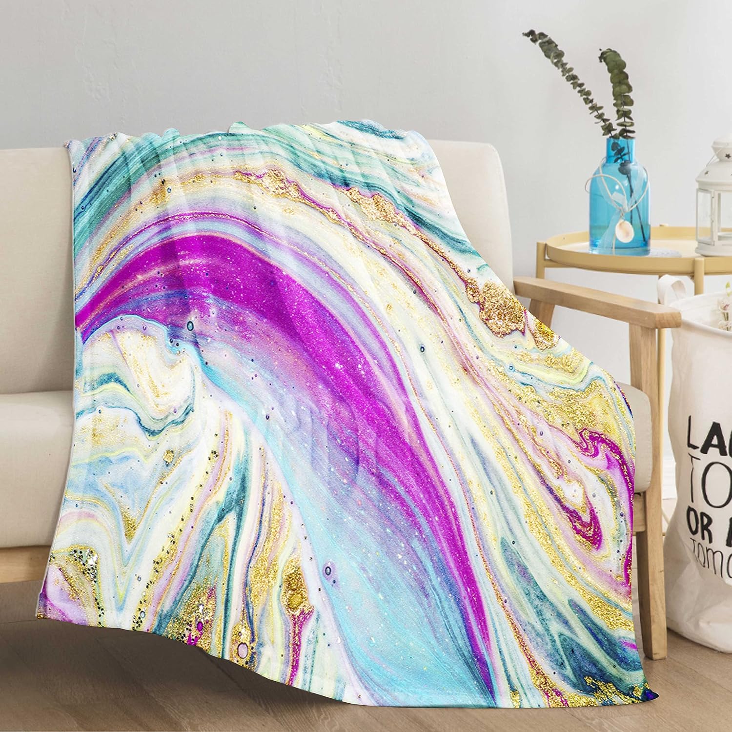 SKOLOO Rainbow Throw Blanket for Couch, Warm Cozy Soft Fuzzy Throw Blankets Christmas or Birthday Gifts for Women, Rainbow Fluffy Abstract Blanket for Winter Gifts, 50'' x 60''