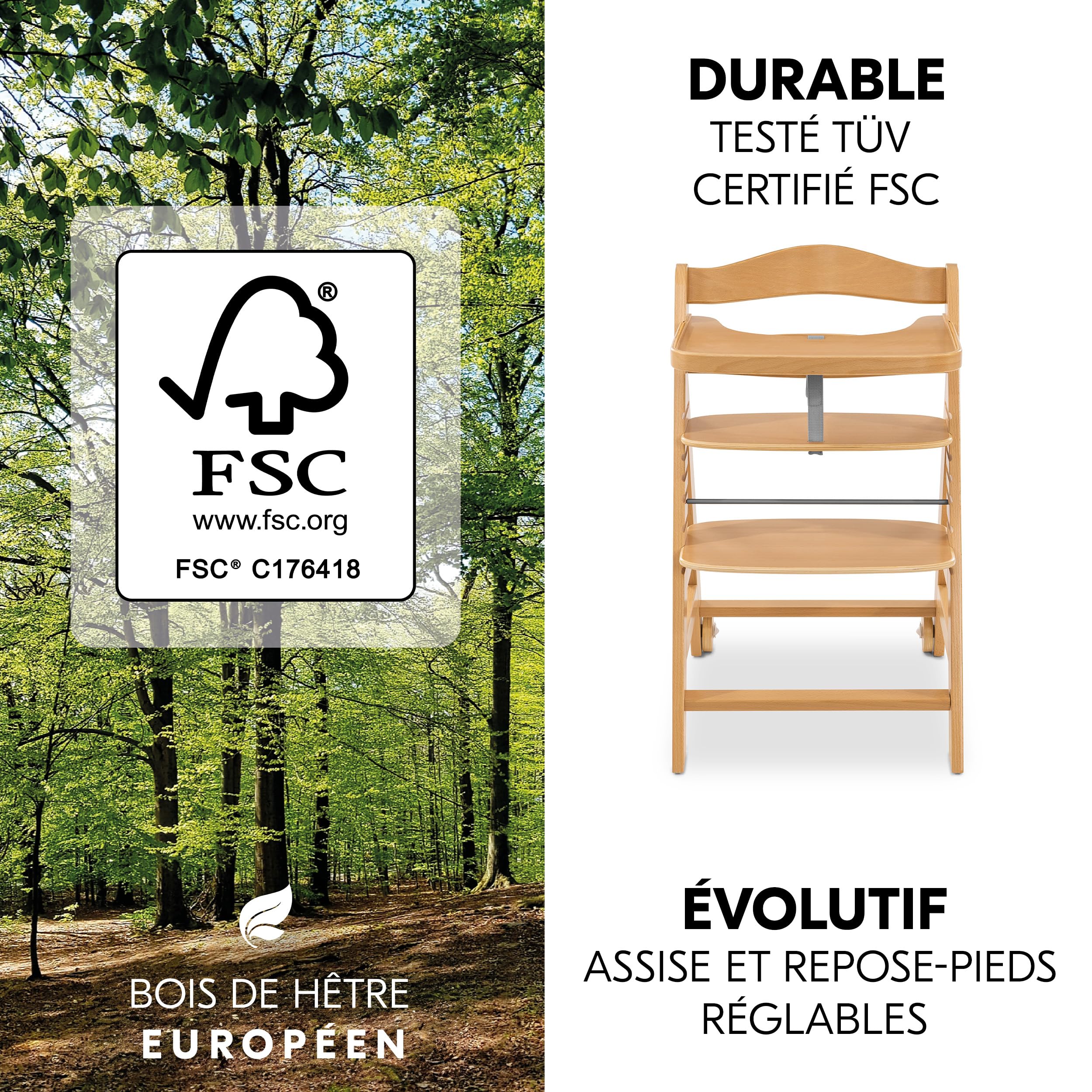 hauck Chaise Haute Bébé Alpha Move en Bois avec Plateau Repas - Natural | Chaise haute évolutive en bois de hêtre FSC, de 6 mois à 90 kg, avec roulettes, harnais 5 points et tablette amovible