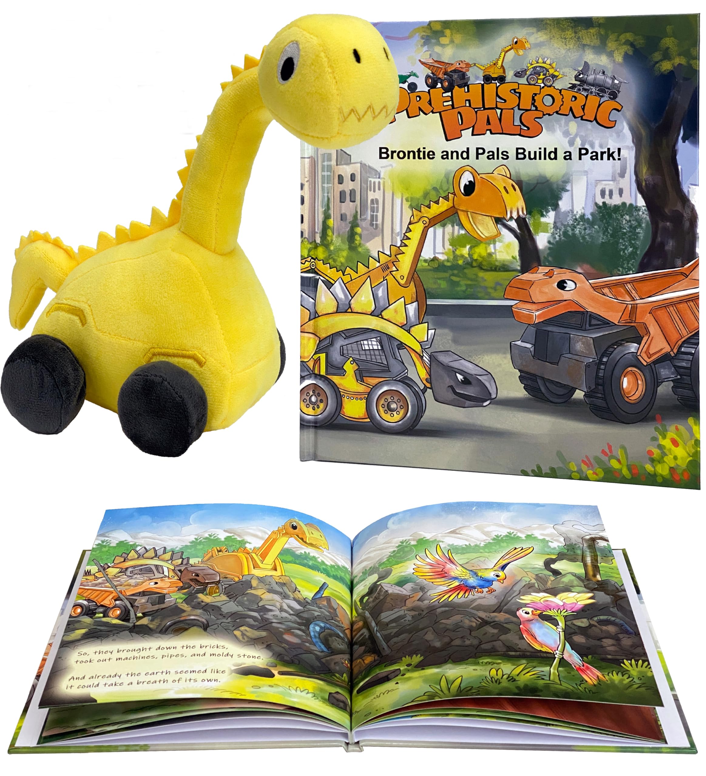 Prehistoric Pals Dinosaur Brontosaurus Truck Plush Toy and Fun Educational Book Gift Set