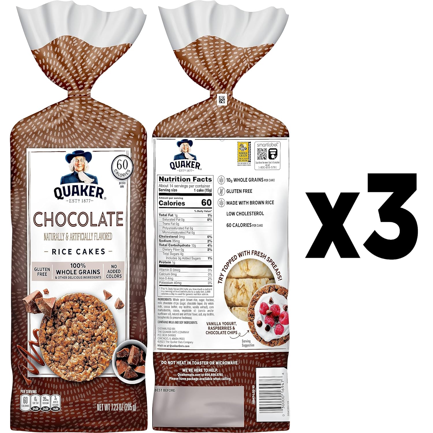 Quaker Large Rice Cakes,Chocolate,7.23 oz Bags,Gluten Free,Whole Grain,No Added Colors,(Pack of 6)