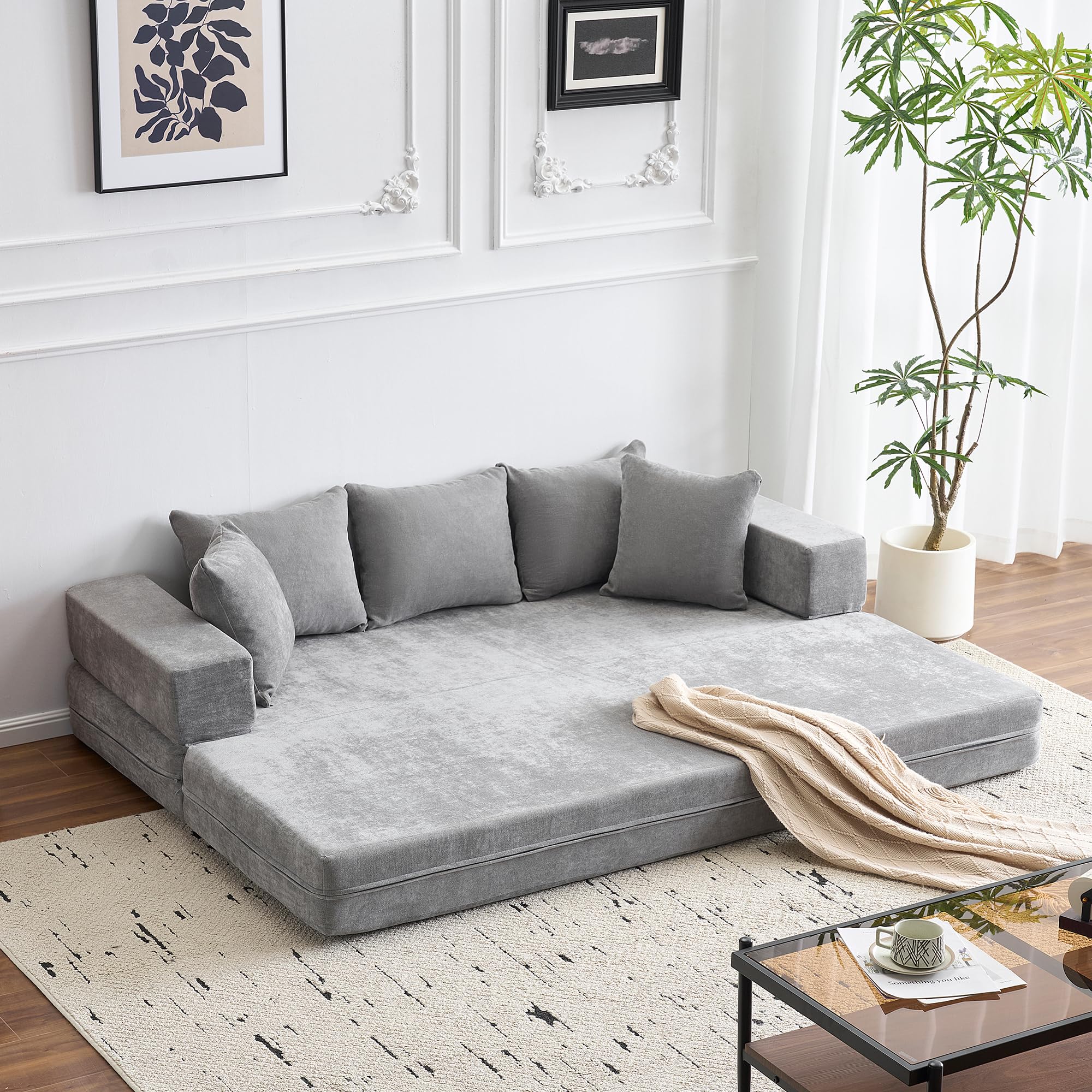 4-in-1 Convertible Folding Sofa Bed Queen, Sleeper Sofa Couch with Armrest and Pillows, Comfy Fold Out Floor Chaise Lounge, Chenille Foldable Futon Mattress For Living Room, Bedroom (Grey,20cm+20cm)