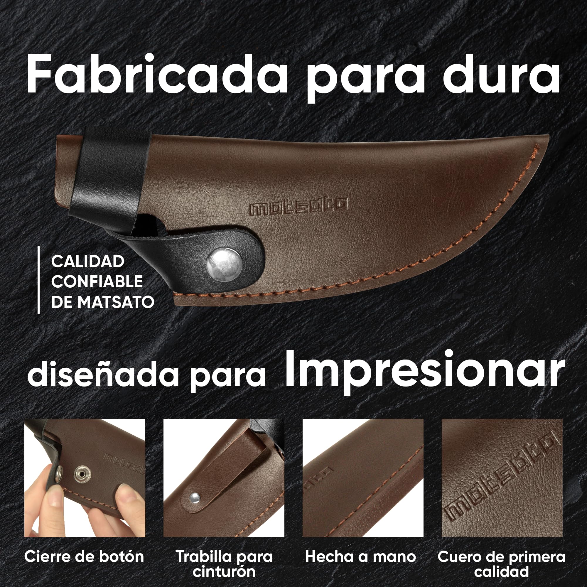 Matsato Cuchillo de Cocinero con Funda de Cuero, Acero Japonés | Mango de Madera de Roble, incl. Funda de Cuero Acolchada con Botón de Presión, Limpiar a Mano.