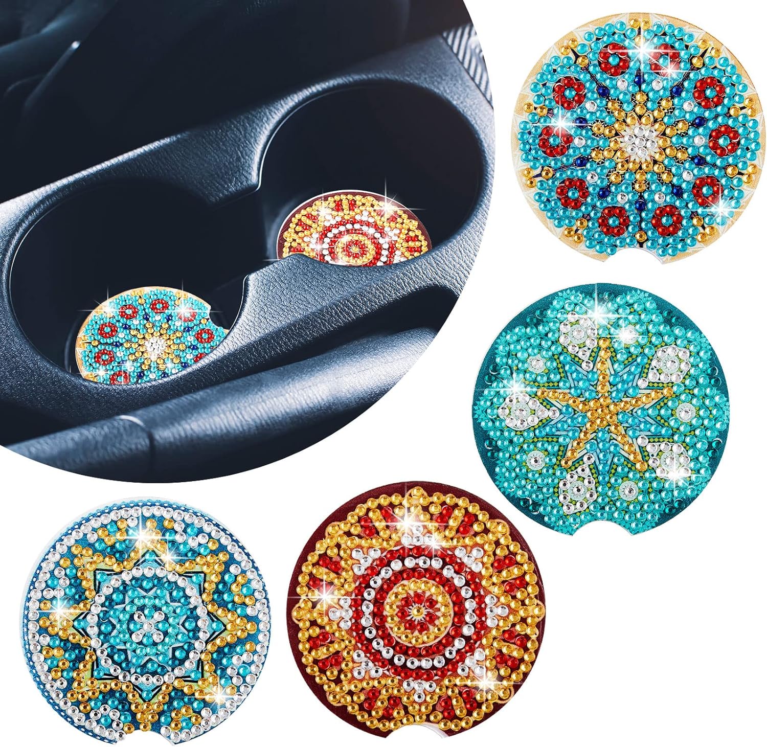 4 Pack Diamond Coasters DIY Mandala Painting Kits with Gem