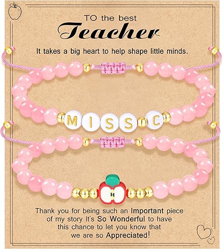 Teacher Appreciation Bracelet Gifts for Women Initial Beaded Bracelets Back to School Thank You Teacher Gifts 2pcs Link Bracelet New Teacher Graduation Gift Birthday Retirement Teachers' Day Jewelry
