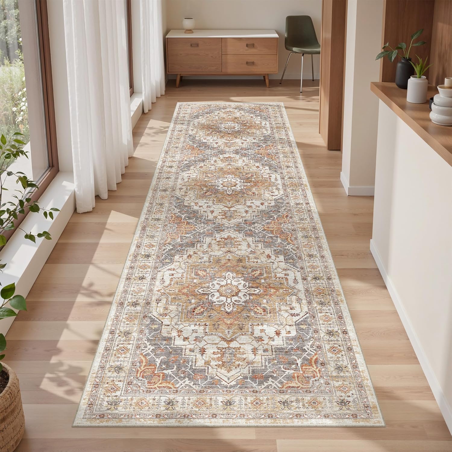 2x8 Runner Rug Washable Hallway Runner Rug Ultra-Thin Soft Kitchen Rug Non Slip Indoor Floor Foldable Carpet with Low Pile for Bathroom Laundry Room Living Room Entryway(Turmeric/Grey,2'x8')