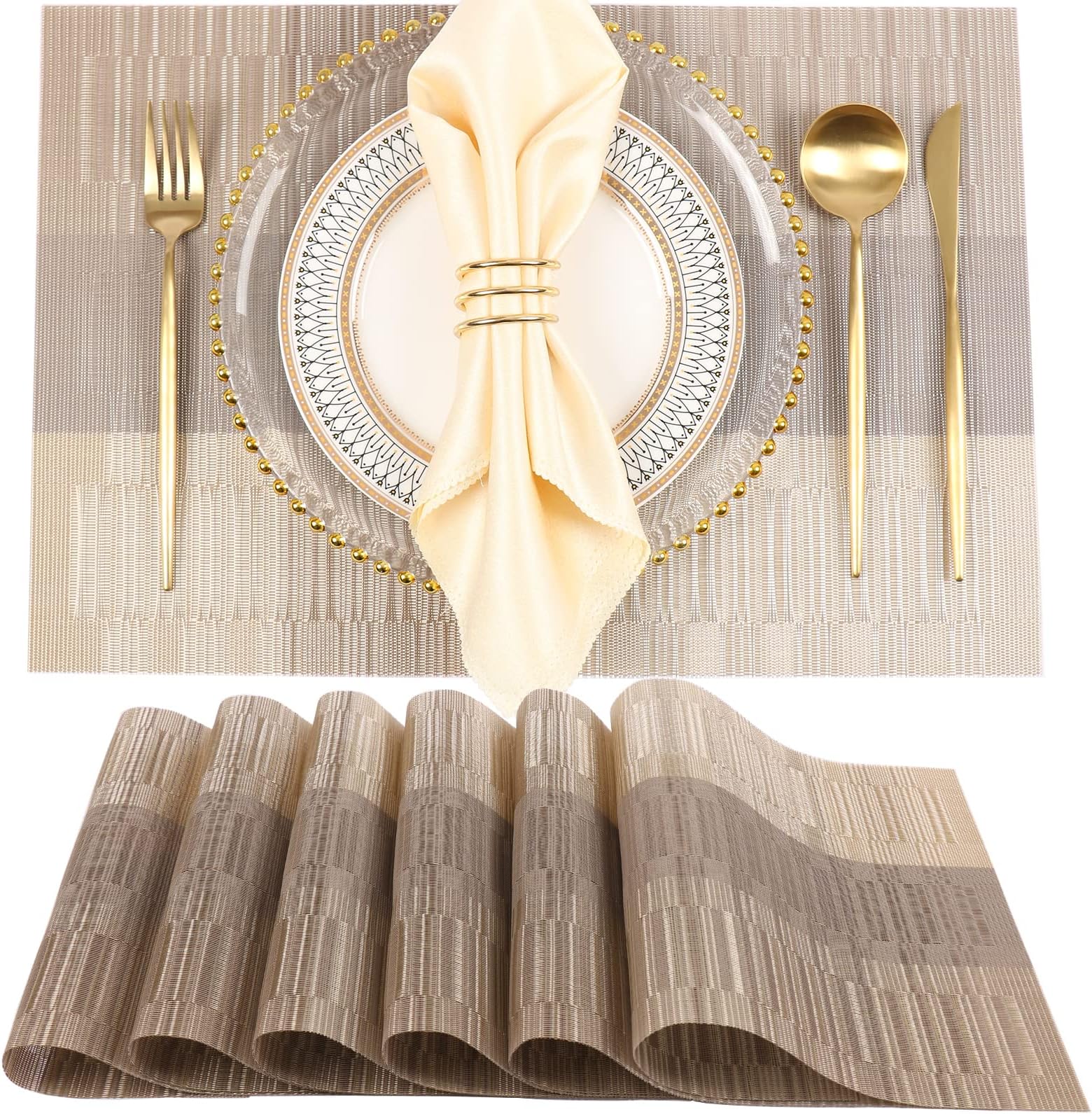YOSICHY Placemats Set of 6 Woven Vinyl Washable Placemats Heat Resistant Placemats Stain Resistant Non-Slip PVC Kitchen Placemats for Dining Table(Gold)