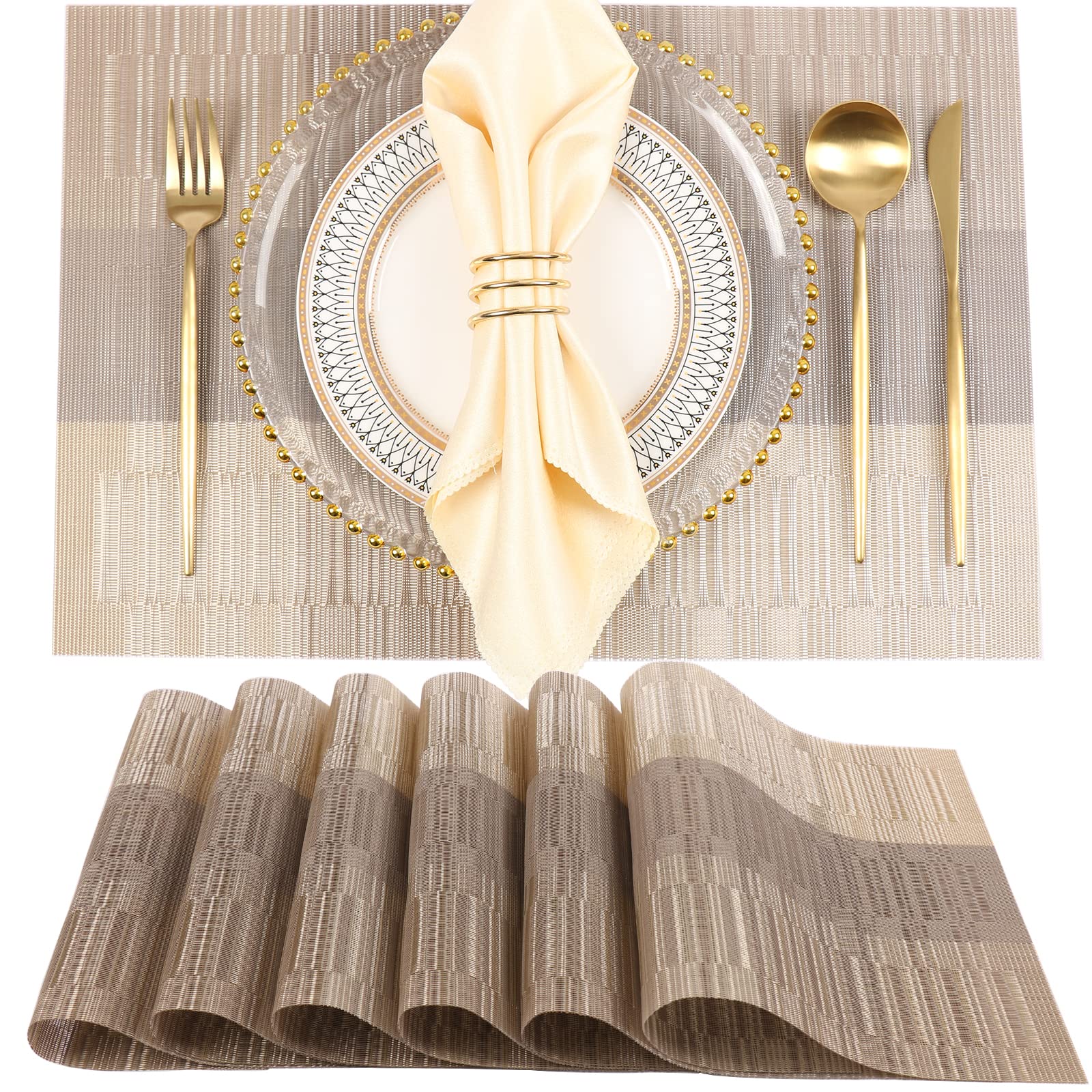 YOSICHY Placemats Set of 6 Woven Vinyl Washable Placemats Heat Resistant Placemats Stain Resistant Non-Slip PVC Kitchen Placemats for Dining Table(Gold)