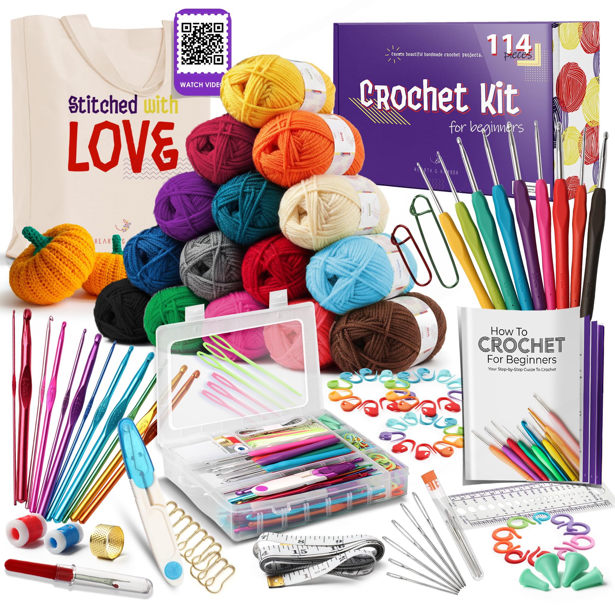 Hearth &amp; Harbor Crochet Kit 114 Piece with 1500 Yards Assorted Yarn Kit, Ergonomic Hooks, Crocheting Instruction, Knitting &amp; Crochet Supplies - Beginner Crochet Kits for Adults, Ideal for Amigurumi