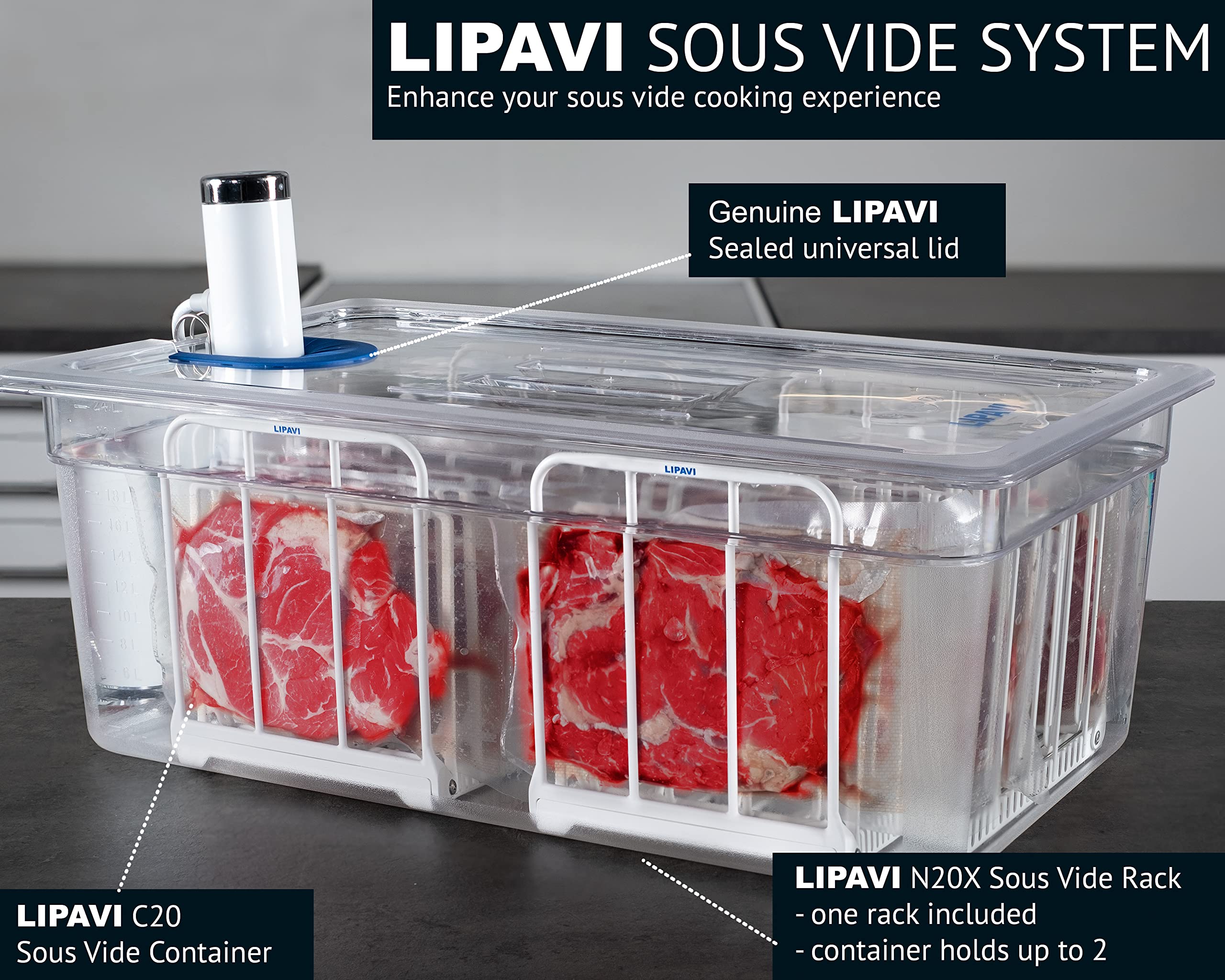 LIPAVI Sous Vide SYSTEM - Coperchio, contenitore e cornice - Cornice in policarbonato - Coperchio Multi-Fit - Bagnomaria 24L - Adatto alla maggior parte dei modelli ⌀70mm
