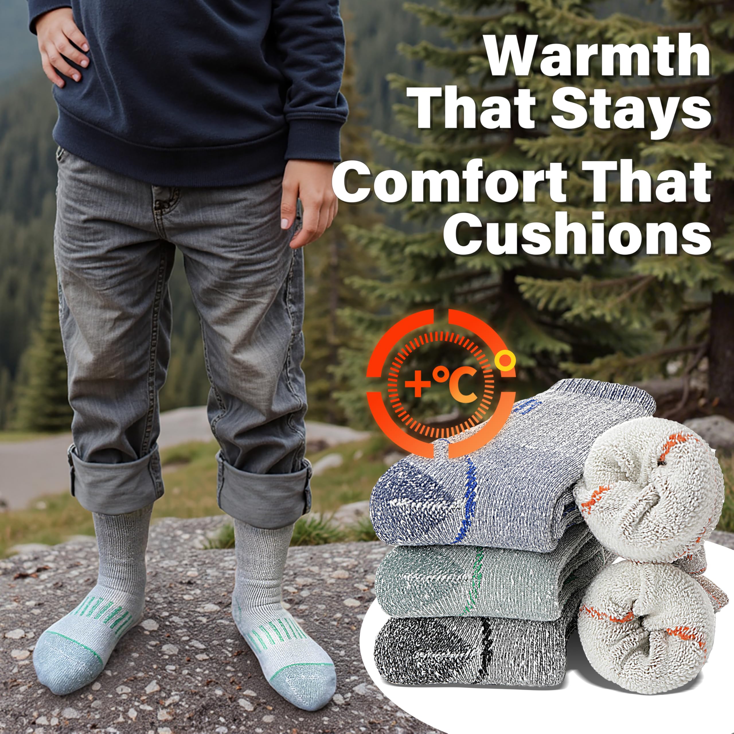 Merino Wandersocken für Kinder Mädchen Jungen Wolle Socken Dicke Thermosocken Warme Sportsocken Trekking Wintersocken Weihnachtssocken Geschenke Kindersocken 4 Paare(Grün/Orange/Blau/Grau,8-12 Jahre)