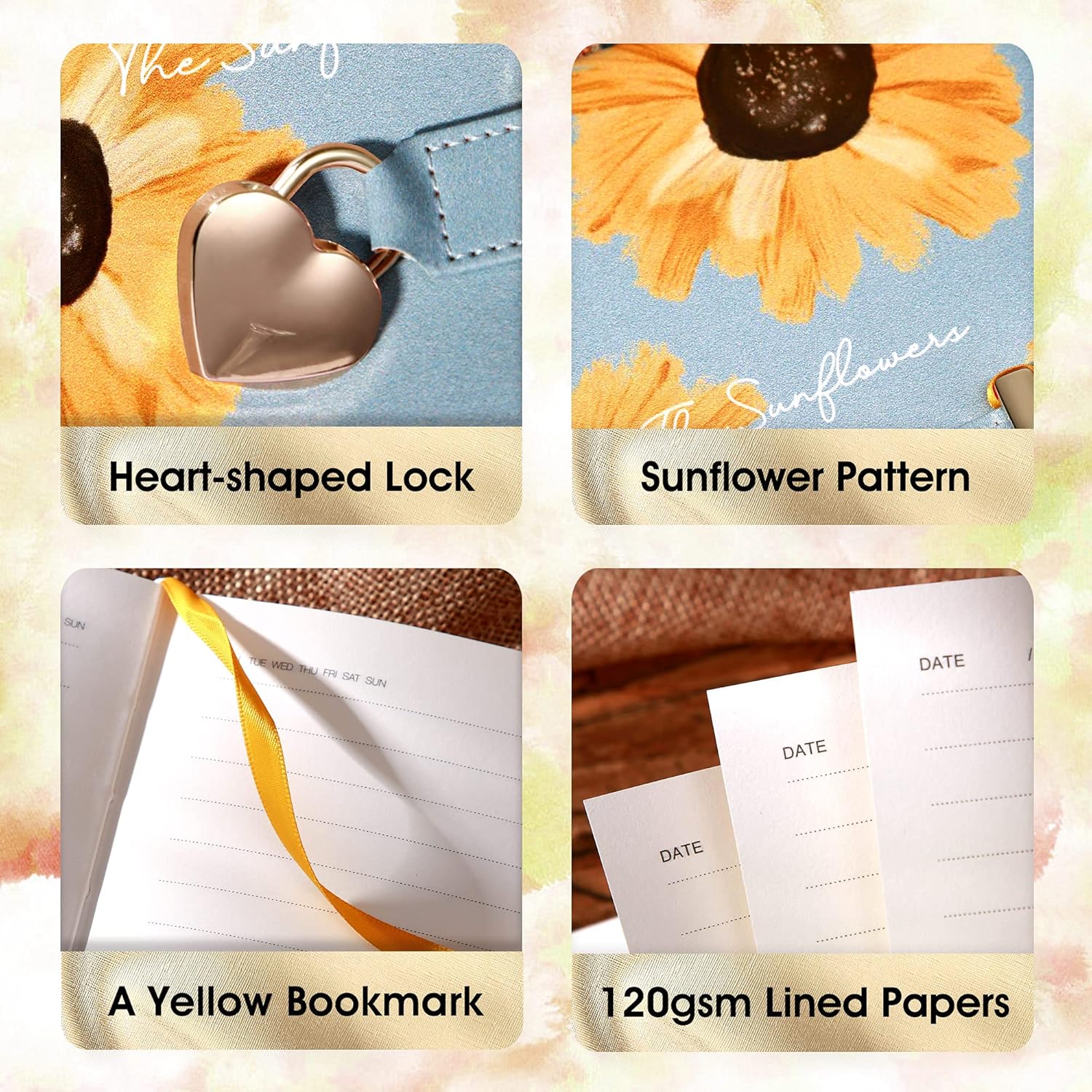 CAGIE Diary with Lock and Key PU Leather Kids Journal with Lock Personal Organizer Combination Travel Secret Notebook for Women, 5.7x8.4 in, Sunflower