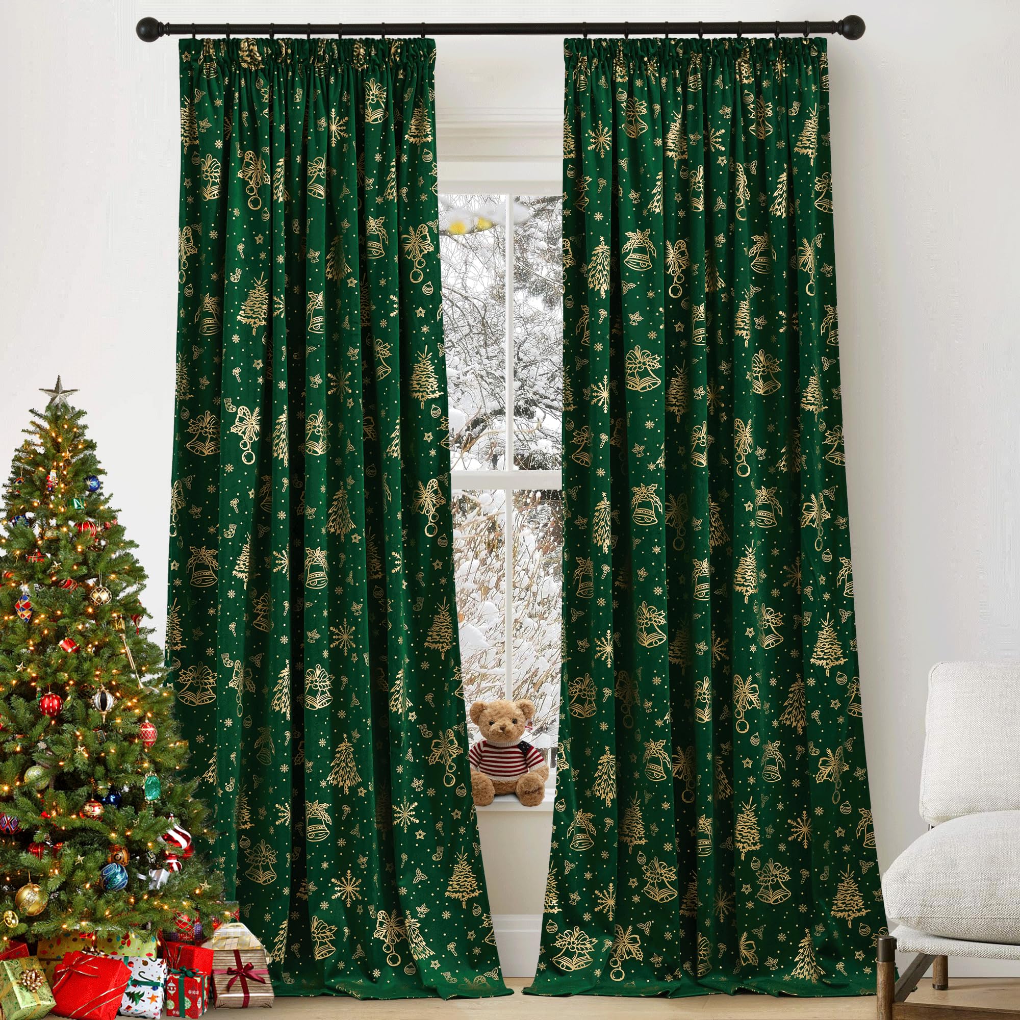 PONY DANCE Cortinas de Navidad Cortinas Opacas Terciopelo para Riel Cortinas Salon Modernas 2 Piezas Cortina Termica Aislante Frio y Calor Cortinas Estampadas Verde Oscuro (240 g/m2), 127x240 CM