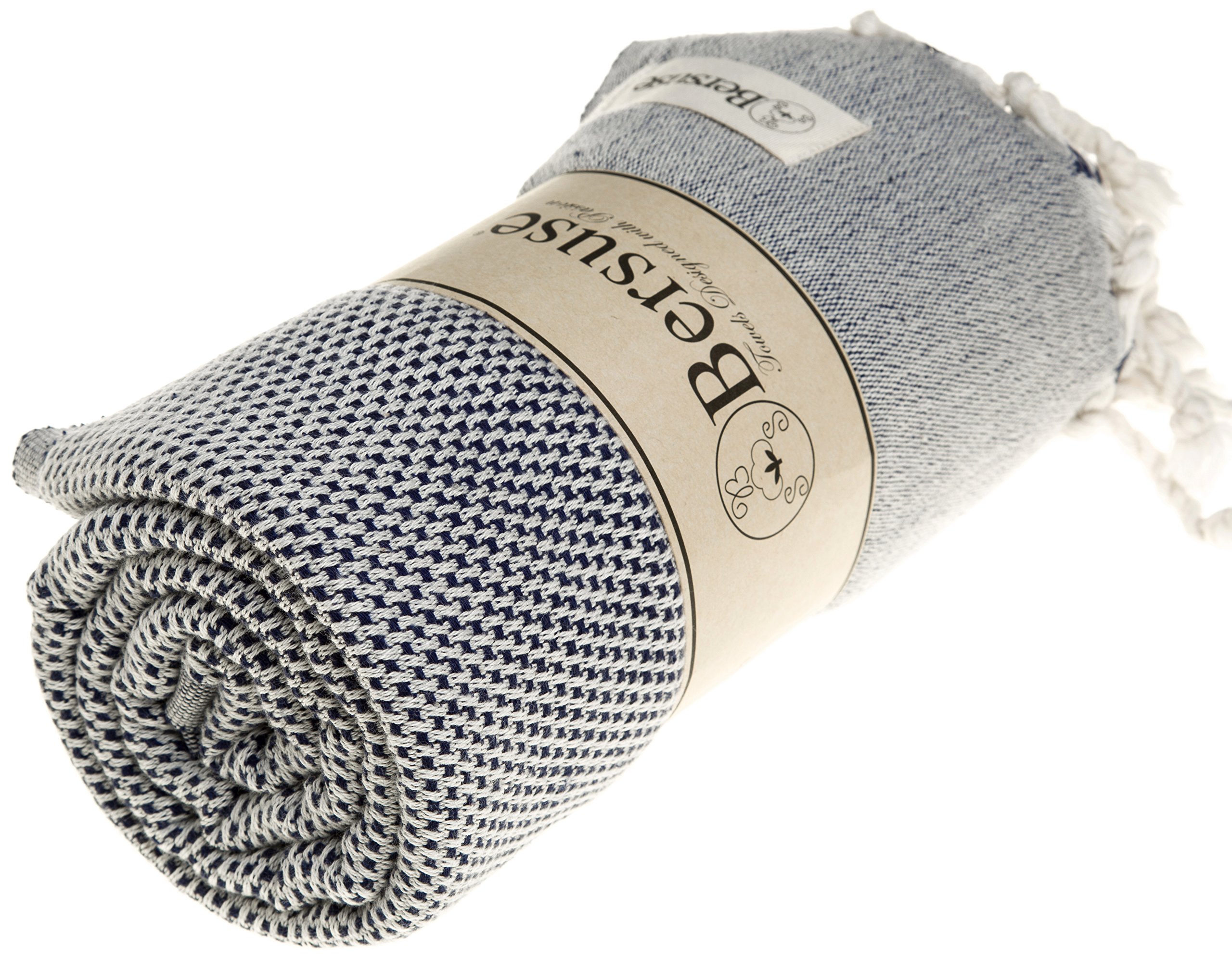 Bersuse 100% Coton - Ventura Serviette Turque - Drap de Bain, Serviette de Plage - Fouta Peshtemal - Oeko-TEX - 95x175 cm, Bleu foncé