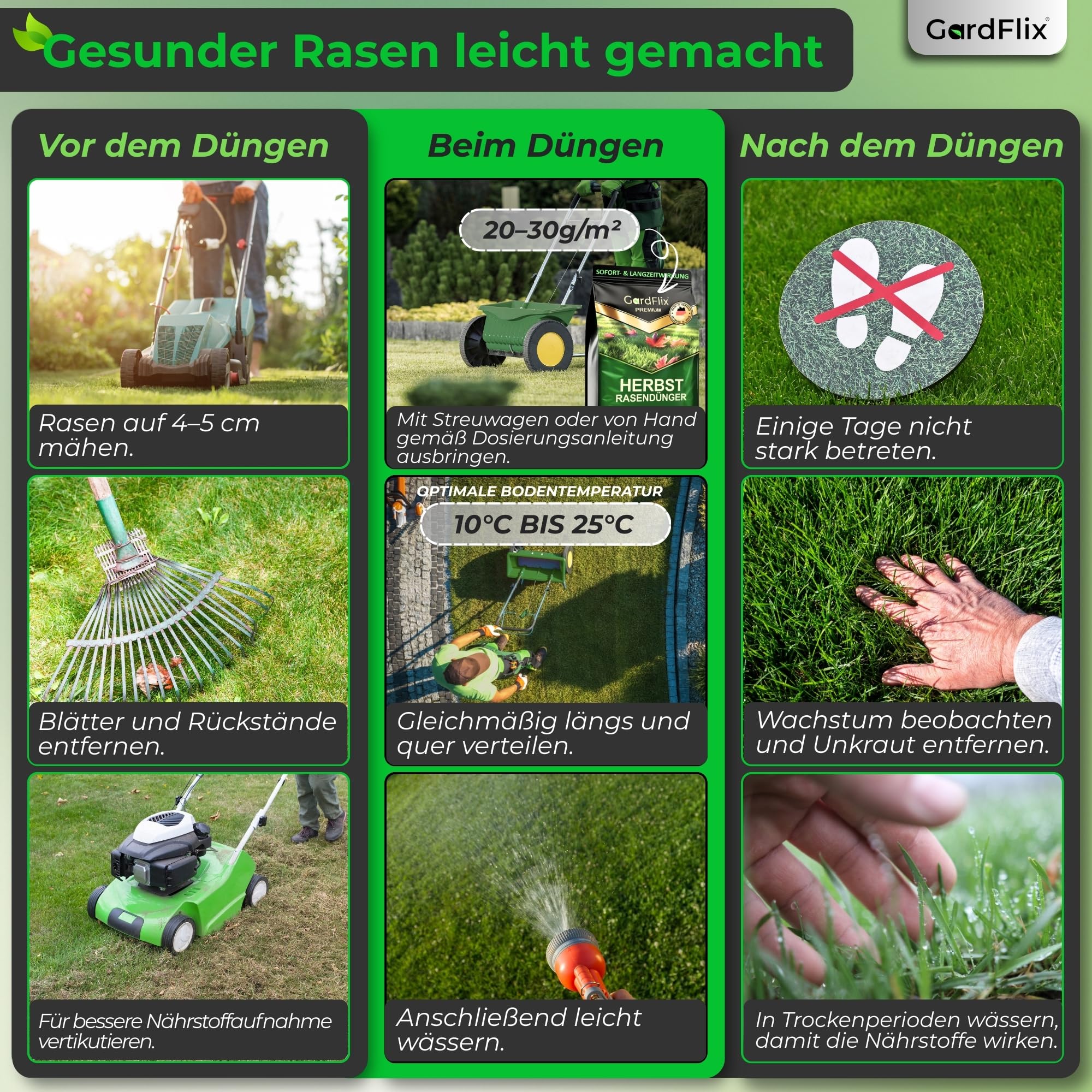 Herbstdünger Rasen Langzeitwirkung (10kg Sack für 500m²) | Rasendünger Herbst verdrängt Moos | Frostschutz & Winterfester Rasen | Staubarmer Granulat für Streuwagen | Sicher für Kind & Tier