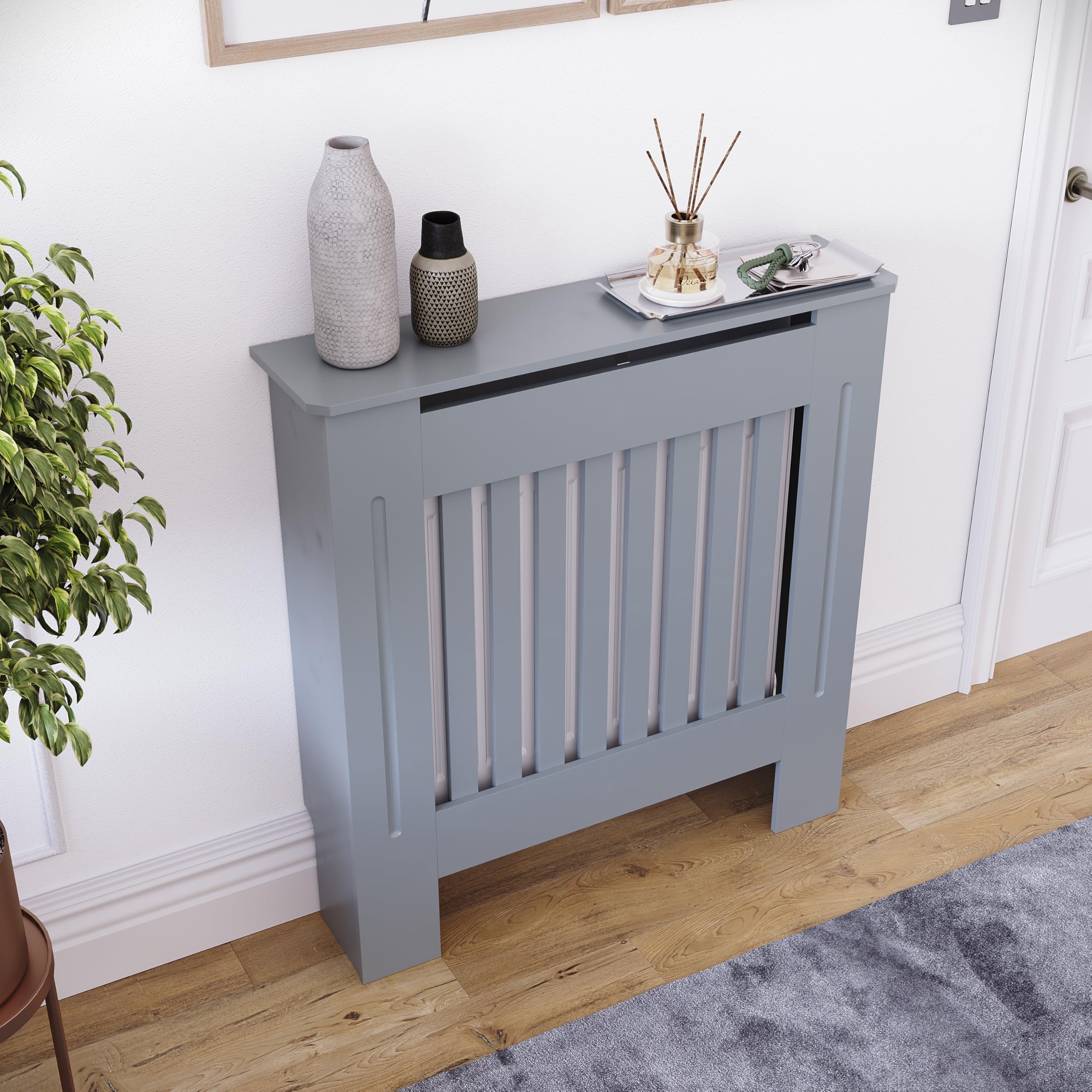 Vida Designs Chelsea Cubierta de radiador Grey - Pequeño - Lamas Verticales Modernas para Mejor circulación del Calor - H82xW78xD19cm - MDF Pintado para salón y Pasillo