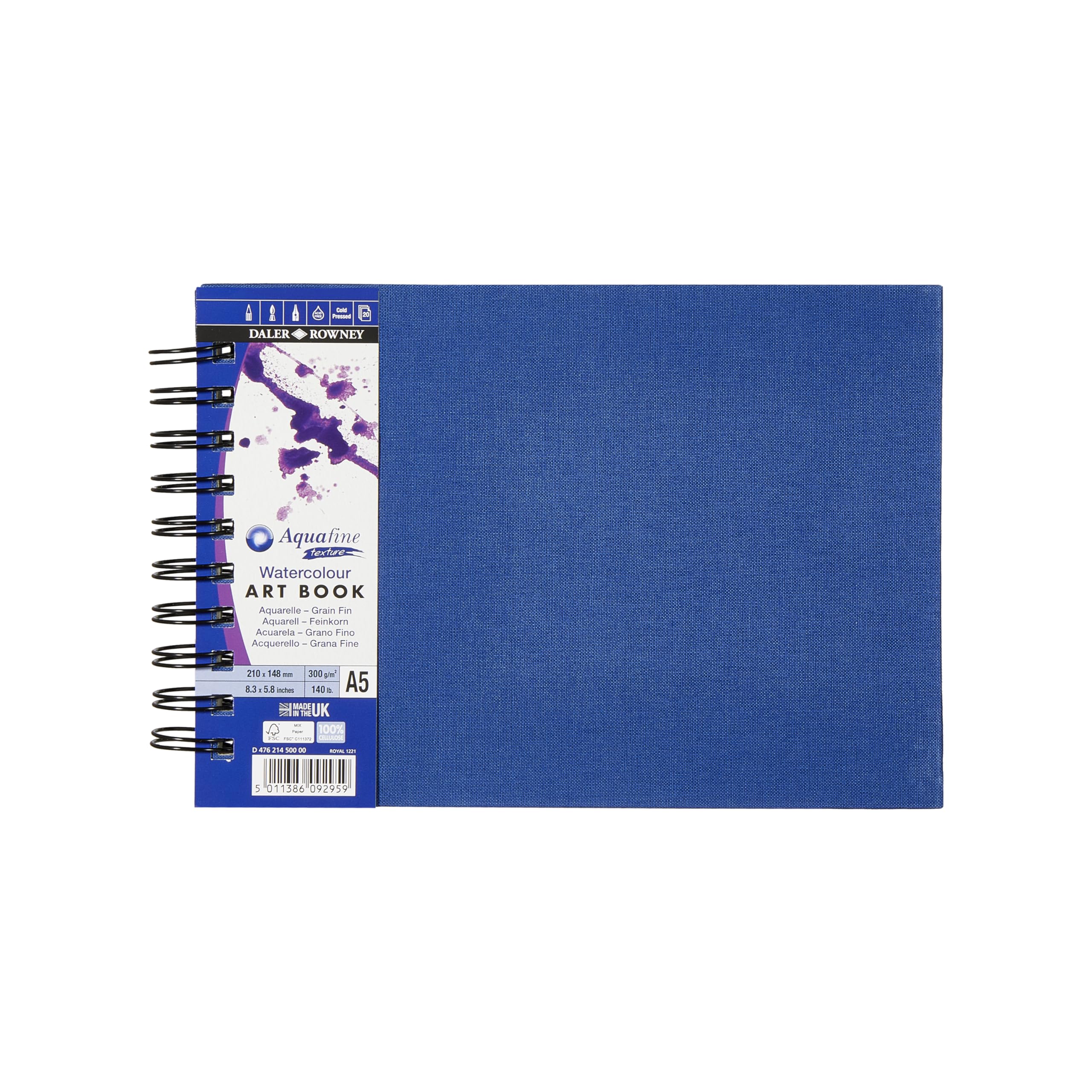Daler-Rowney Aquafine Textured Cold-Pressed Watercolour & Gouache 300gsm A5 Art Book, Natural White, 20 Sheets, For Professional & Beginner Artists & Students, Acid-Free