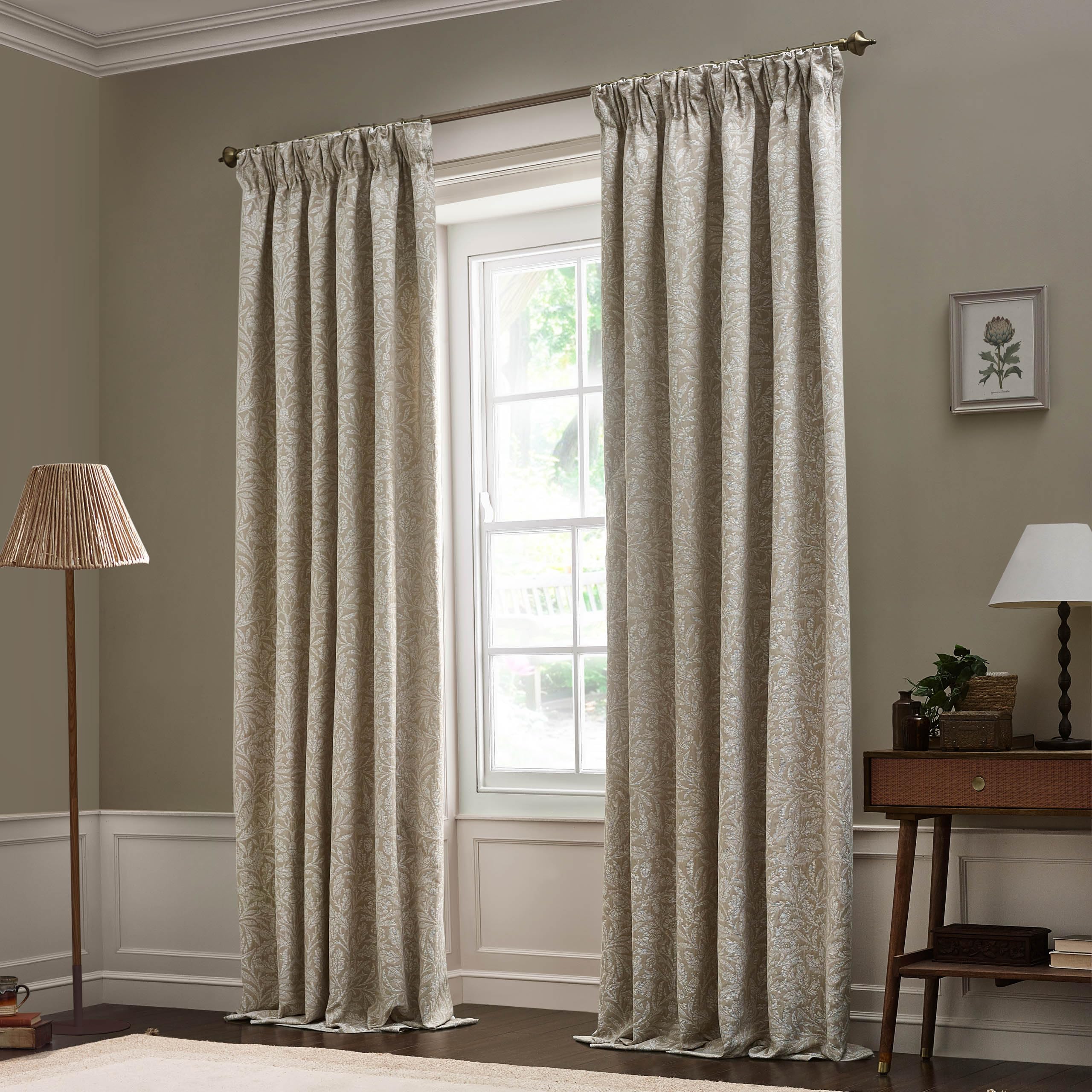 Morris & Co Beige Acorn Tonal Matt Jacquard Room Darkening Pencil Pleat Curtains In | Size: 117Cm Width X 183Cm Drop