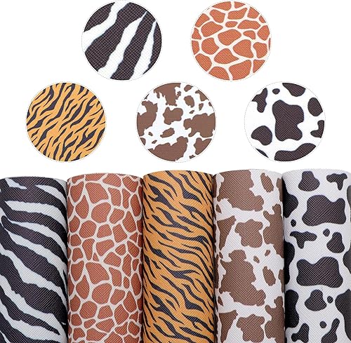 David Angie Hoja de piel sintética con textura de animal, tela de cuero sintético impresa, surtido de 5 piezas de 7.7 x 12.9 pulgadas (7.9 in x 13.0