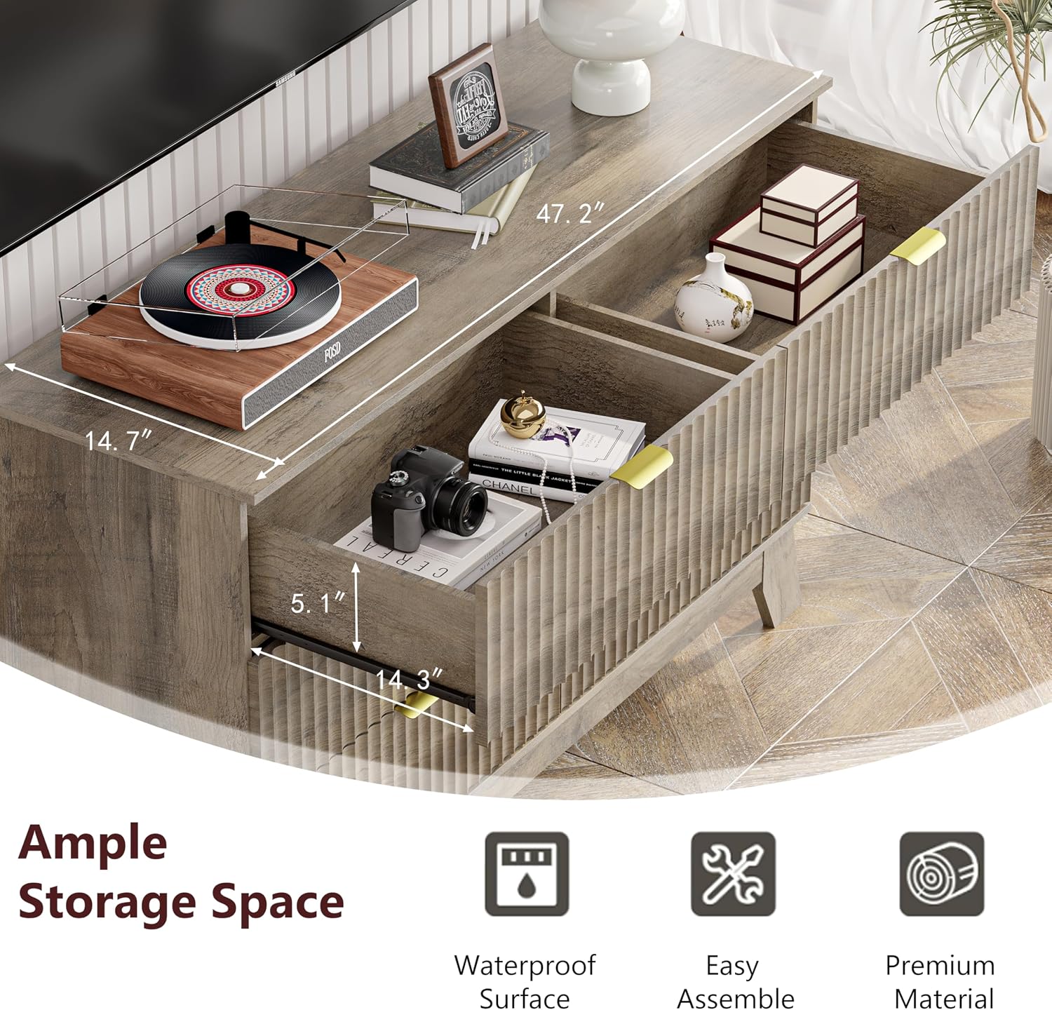 Grey Dresser 6 Drawer Dresser for Bedroom, 47''W Fluted Wooden Dresser Storage Cabinet and Chest of Drawers with Metal Handle, Storage Organizer for Living Room, Hallway, Entryway, Gray