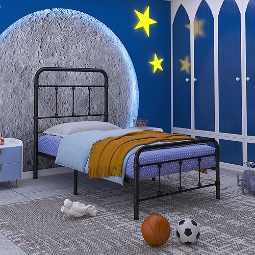 Miniatura 2 de Marco de cama individual con plataforma de metal y cabecero de estilo vintage, tamaño individual con espacio de almacenamiento debajo del marco, 14