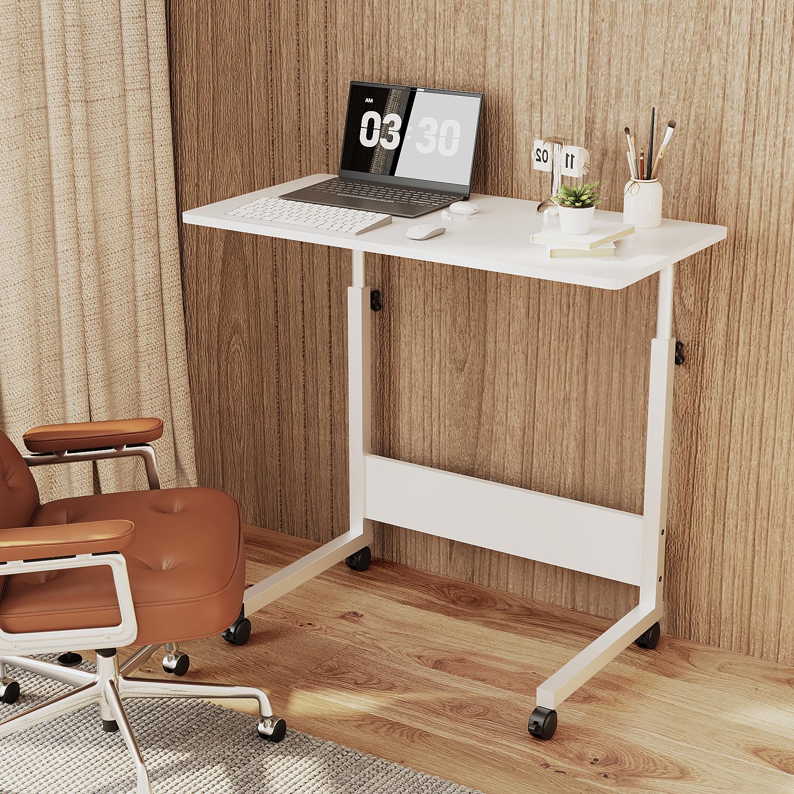 Bonnlo Side Mobile Table Laptop Table 80x40cm,Height Adjustable Rolling Desk with Locking Wheels & Edge Stopper, Portable Workstation for Bedroom Living Room Office(White)