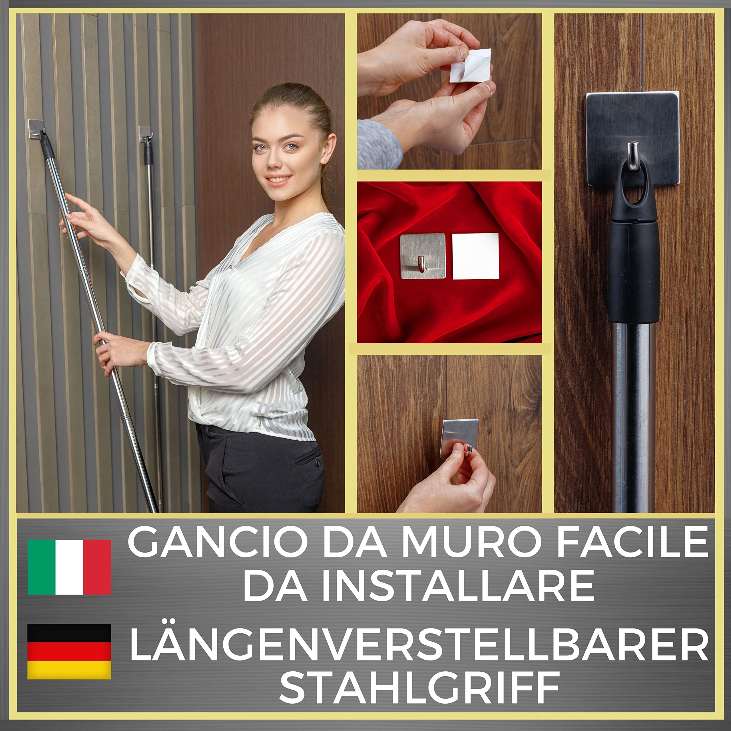 selezione100 Kit Scopa in Silicone per Interni & Scopa Lavapavimenti con 2 Manico Scopa & 2 Appendi Scope - Scopa Esterno & Scopa per Interni per Scopone Pavimenti