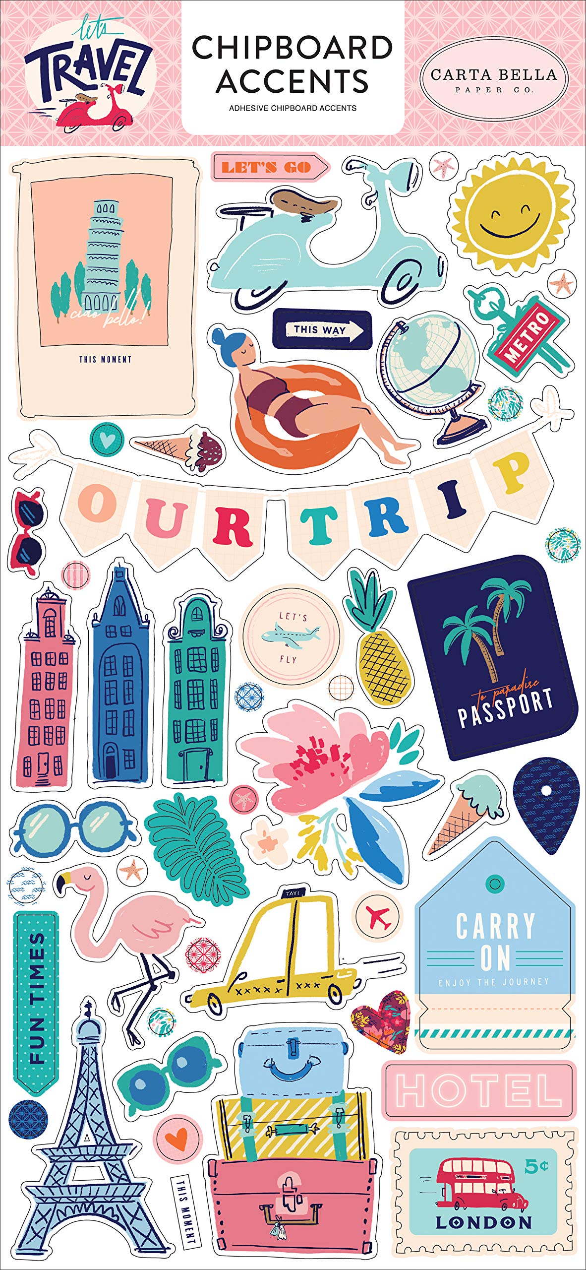 Carta Bella Paper Company Let's Travel 6x13 Accents chipboard, pink, purple, orange, blue, green, black