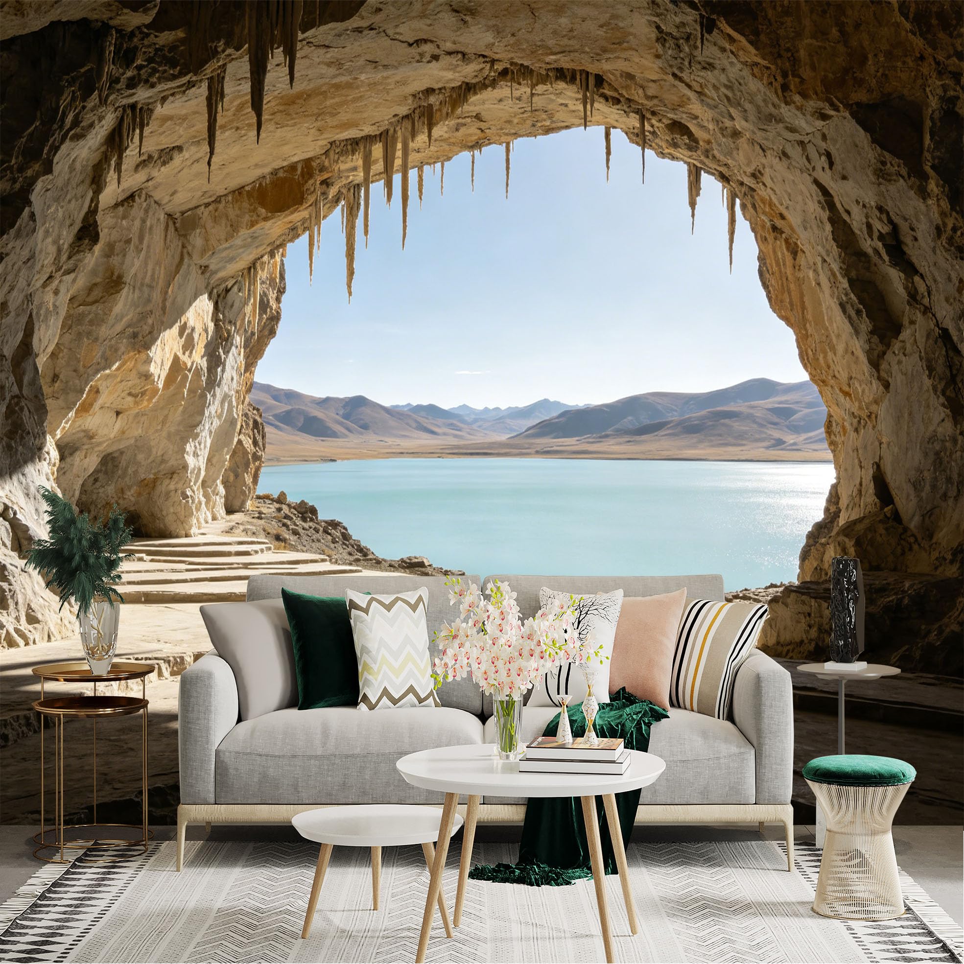 Lnzczhyre Dbh260521089 Custom Size Wall Sticker Mural， Natural Cave With Stalactites， Scenic Turquoise Lake， Rocky Mountains， Sunlight View， For Wall Decoration， Peelandstick Wall Decals.