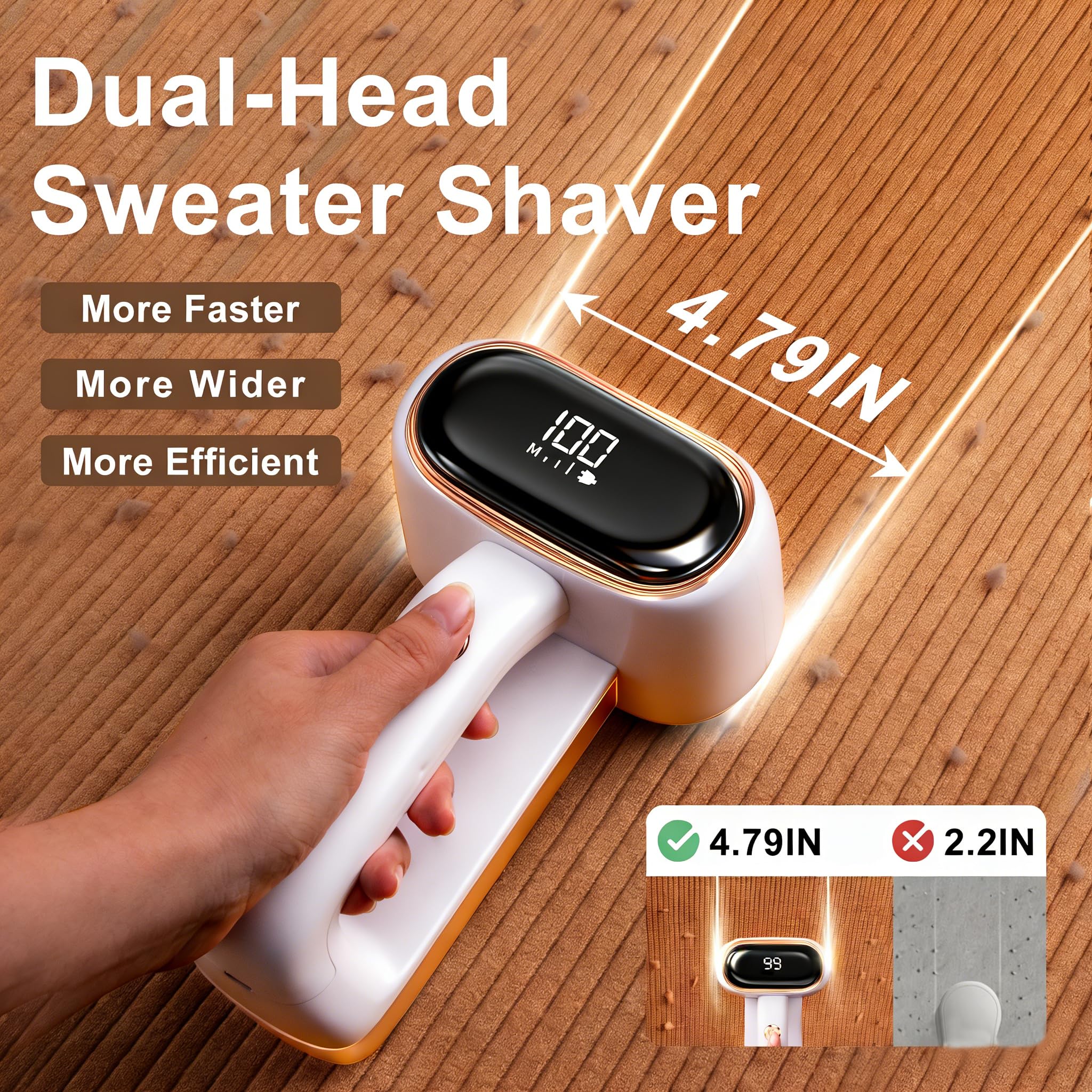 Stoffrasierer Fusselentferner, wiederaufladbarer Pullover-Rasierer mit Doppelkopf und LCD-Display für Kleidung, Couch, Pilling-Möbel, 6-Blatt-Klingen, Defuzzer, Weiß, 1 Stück