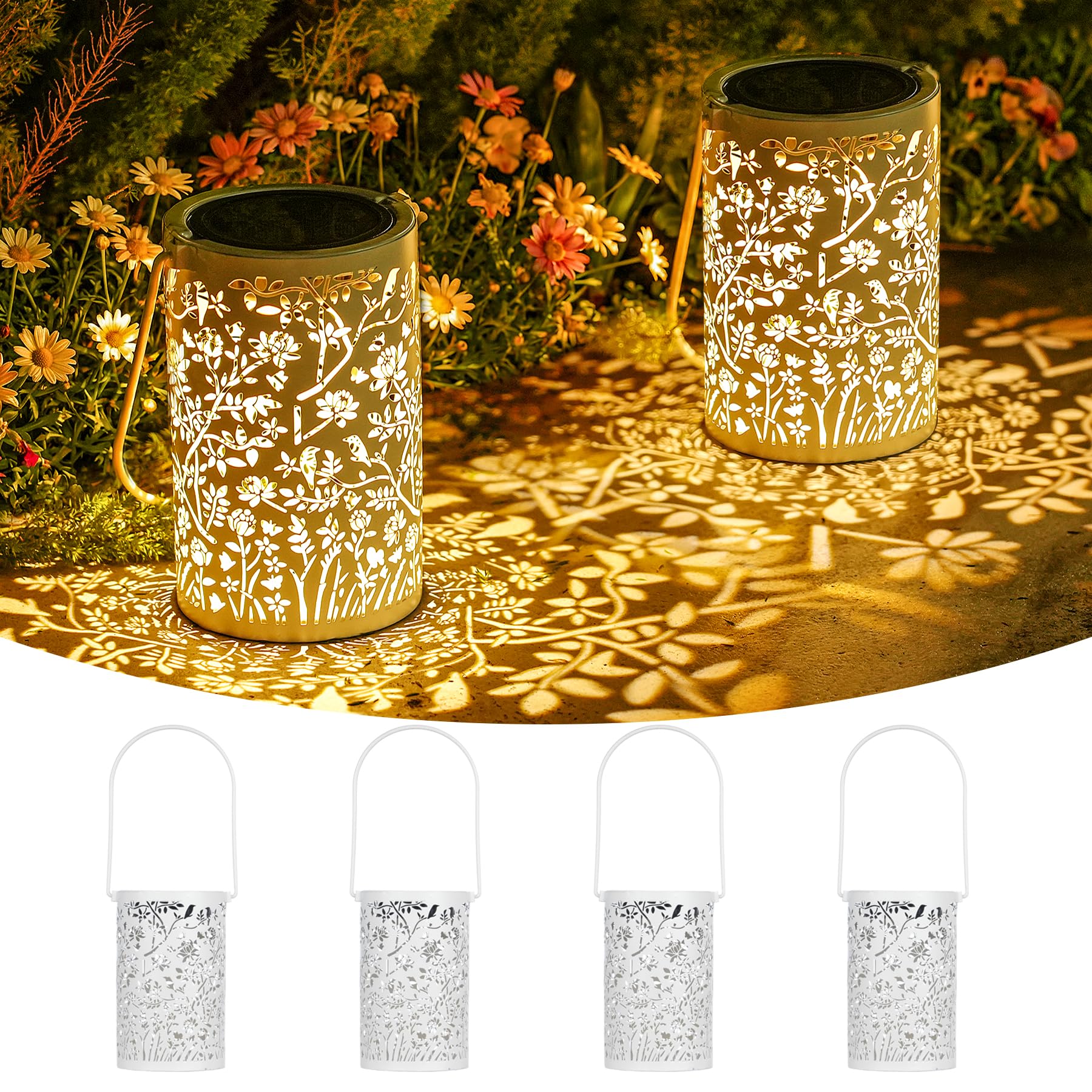 Görvitor Lot de 4 lampes solaires blanches pour l'extérieur - Vintage - En métal - Avec motif fleurs et oiseaux - IP65 - Résistant aux intempéries - Pour table, allée de jardin, balcon, décoration de