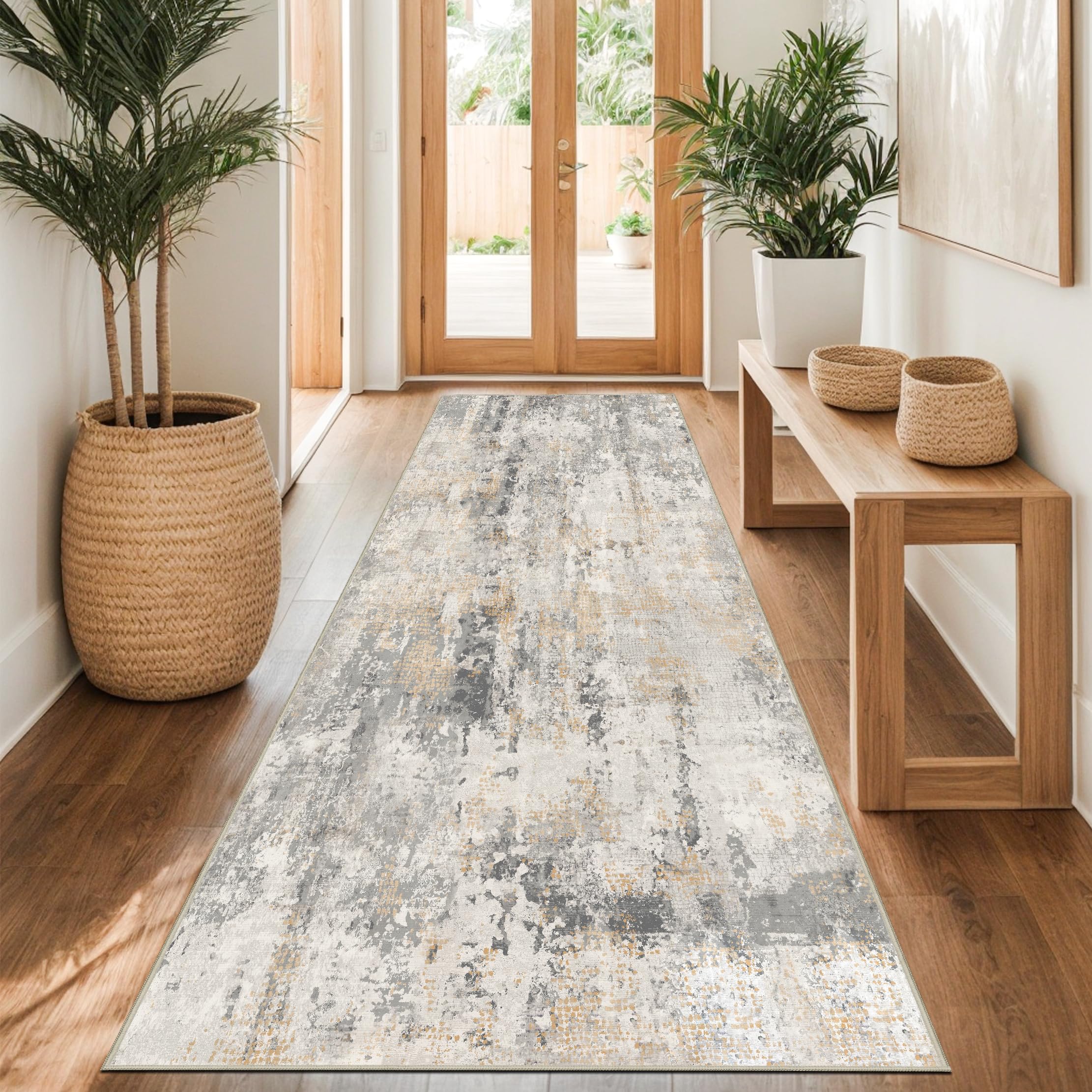 Capslpad Graugold Abstrakter Teppich 80x300cm Flurläufer, Waschbarer Küchenläufer, Rutschfester Kurzflor, Modern Minimalistischer Kunstwolle Teppich für Wohnzimmer und Schlafzimmer