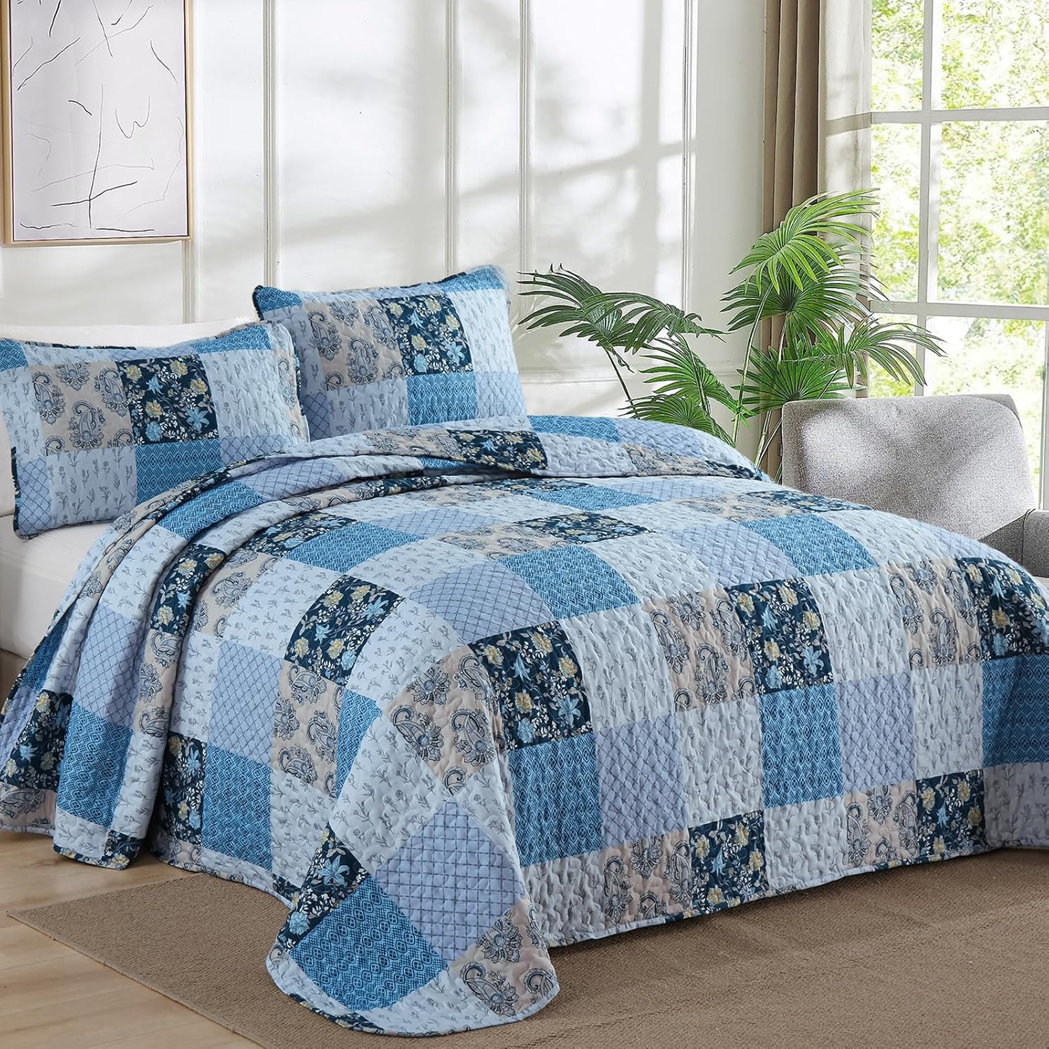 Xruibed Blue Quilt Set Queen Size 3 Pieces Plaid Floral Boho Bedspread Coverlet Set Patchwork Pattern Reversible Bedding Set Soft Microfiber Bedspread Set Queen for All Season(Queen 96"x90") - Image 2