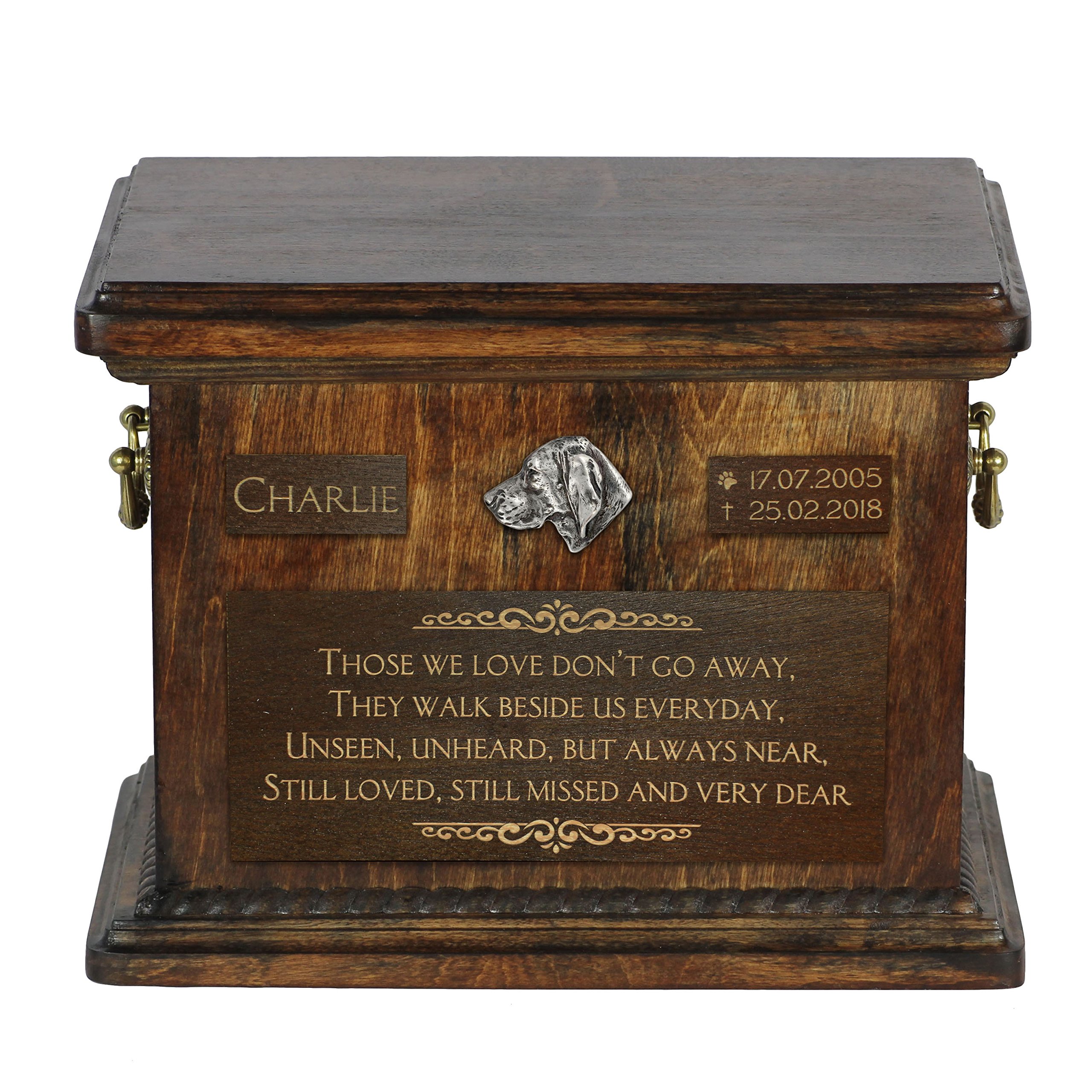Art-Dog Pet Memorial Urn - Handmade Cold Cast Bronze Portrait on Birch Base - Personalized Dog Cremation Box – Custom Engraving – 8,3x11,4x8,7” – Vizsla
