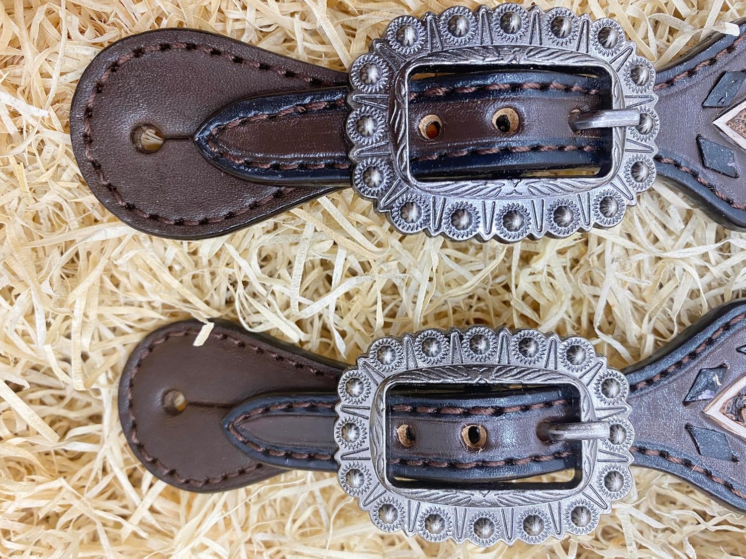 Western Women Spur Strap Set with 3D Rose Flower and Buck Stitch Inlay