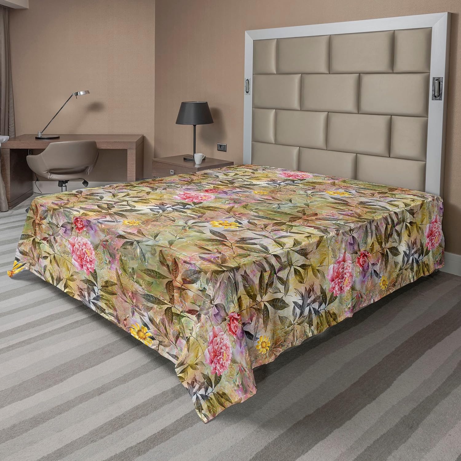 Ambesonne Tropical Boho Flat Sheet, Stripe Drawn Exotic Jungle Flowers Hearts with Flamingo Pattern, Soft Comfortable Top Sheet Decorative Bedding 1 Piece, Queen Size, Ruby Pale Ruby Off White
