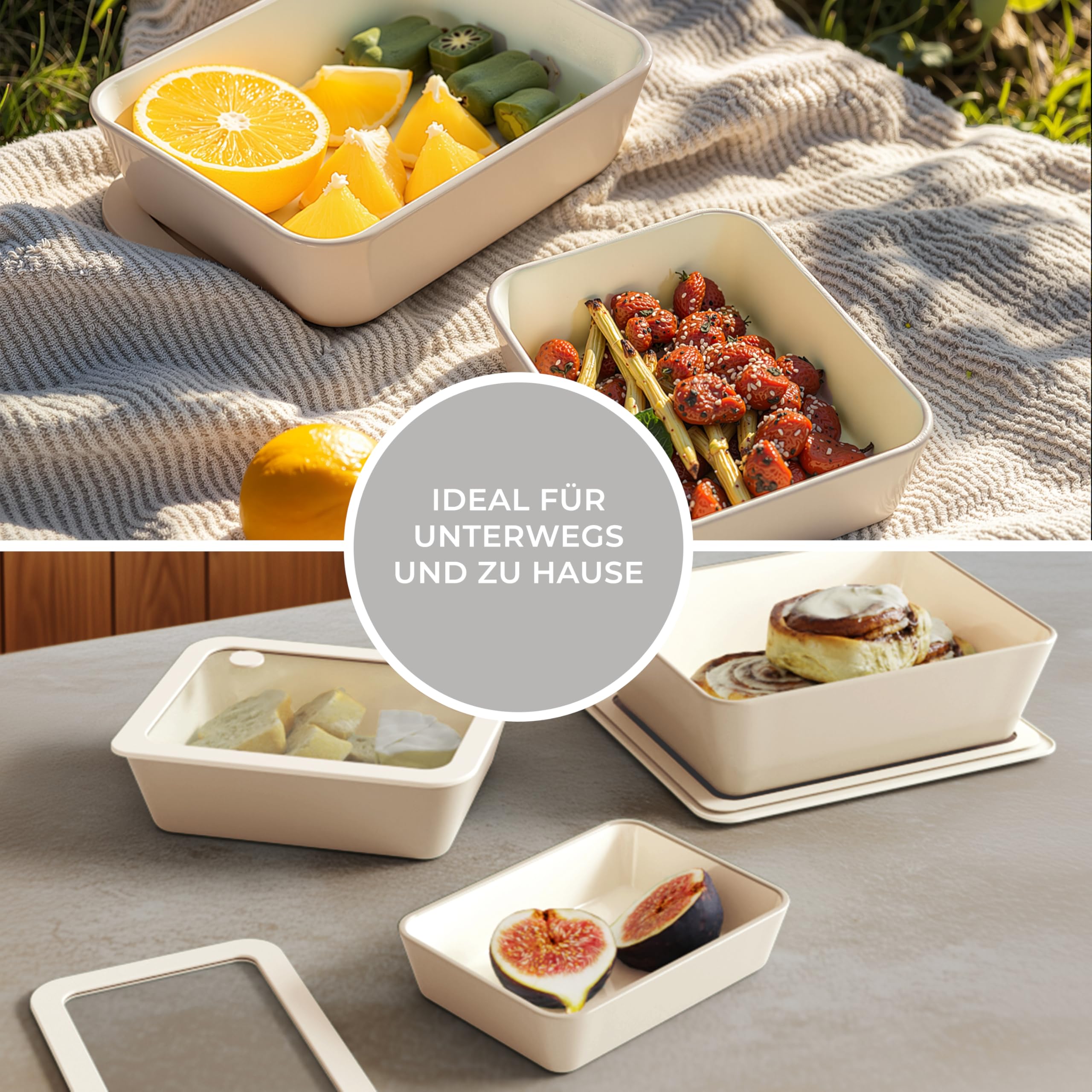 eckiges Vorratsdosen-Set Buoux in Beige | 3-teilig | mit Antihaftbeschichtung aus Keramik | Deckel aus Glas | Ofen- und Mikrowellengeeignet | Füllmenge: 0,7L - 1,4L - 2,7L