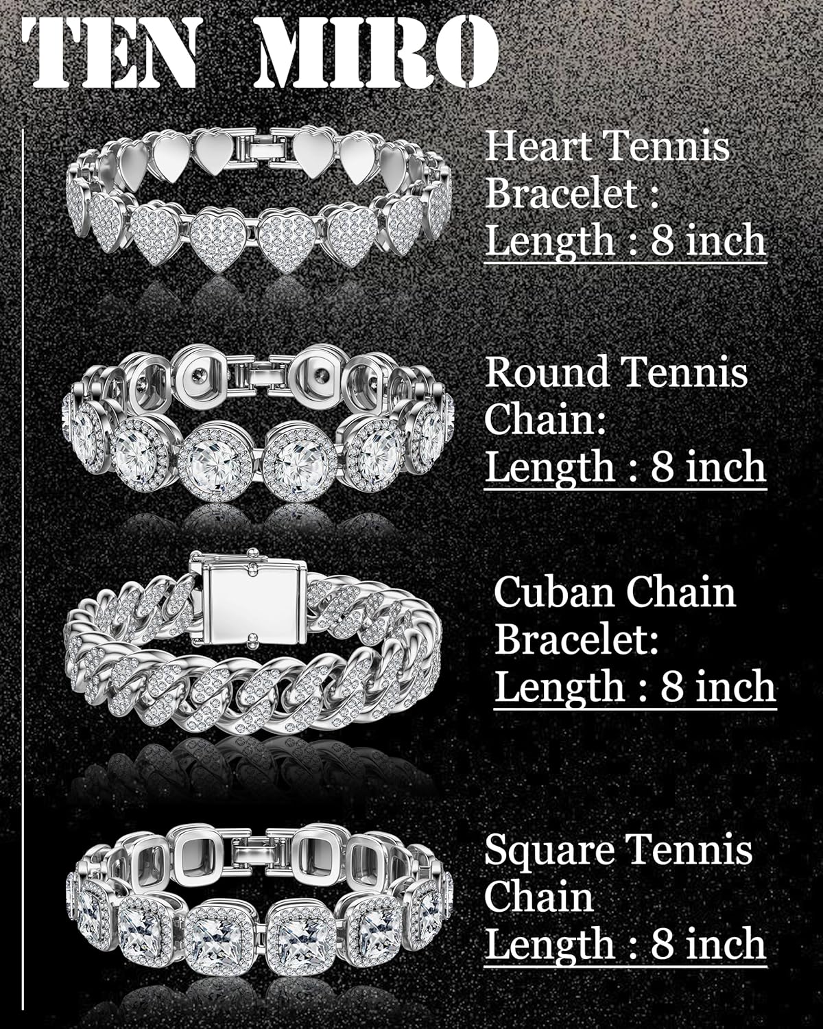 TEN MIRO Silver Plated Bracelets for Women,Silver Tennis Bracelets for Women Non Tarnish Heart Round Square Cuban Bracelet stack Layered Link Bracelet Set Fashion Jewelry for Women or Men - Image 4
