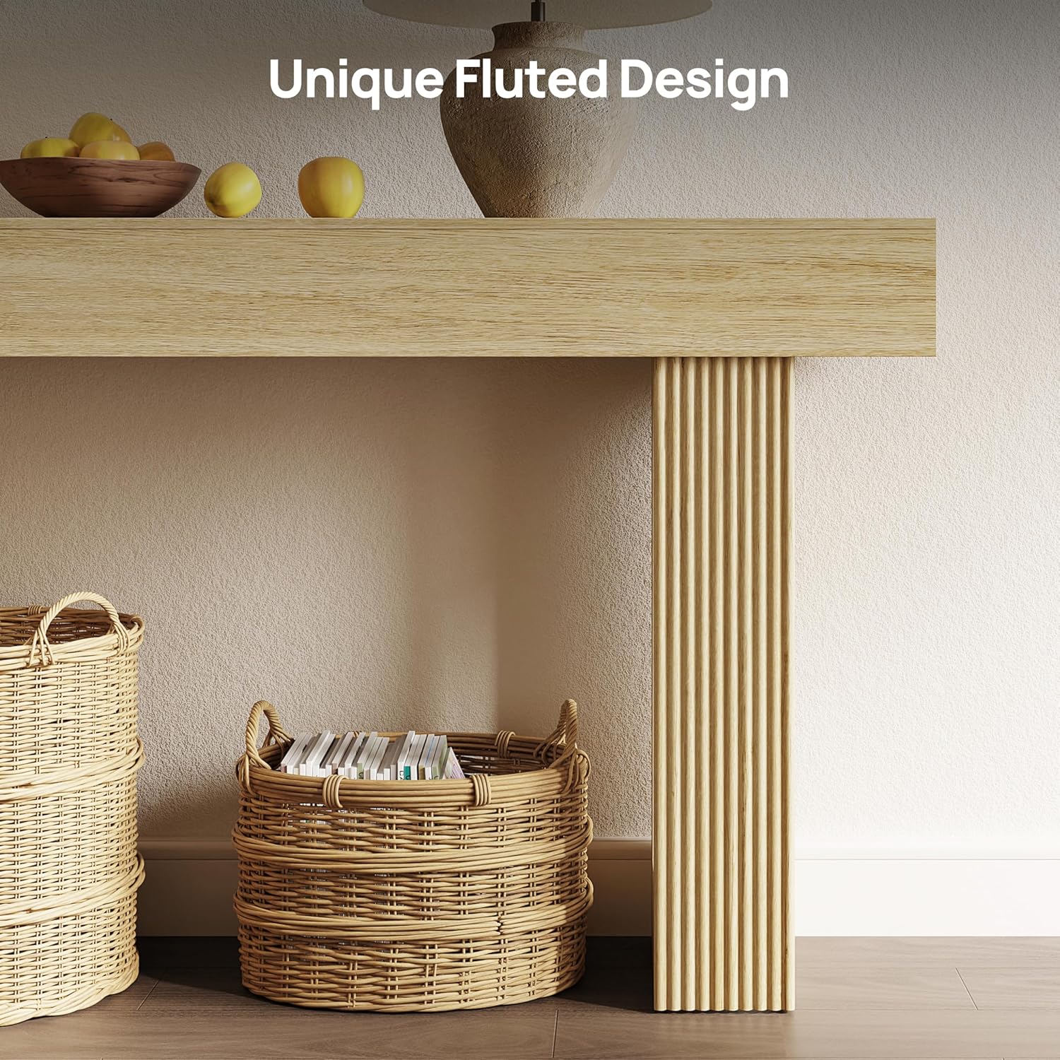 63" L x 33" H x 12" D Fluted Console Table, Modern Japandi Ribbed Entryway Table, Extra Long Sofa Table Behind Couch, Chunky Wood Hallway Table for Living Room, Natural Oak