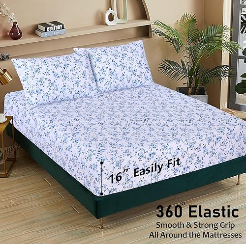 Miniatura 4 de RUVANTI 100% Cotton Sheets  King Size Percale Bedding, Cooling & Breathable Floral Design, Durable with a Crisp, Soft & Comfortable Feel, 16" Deep