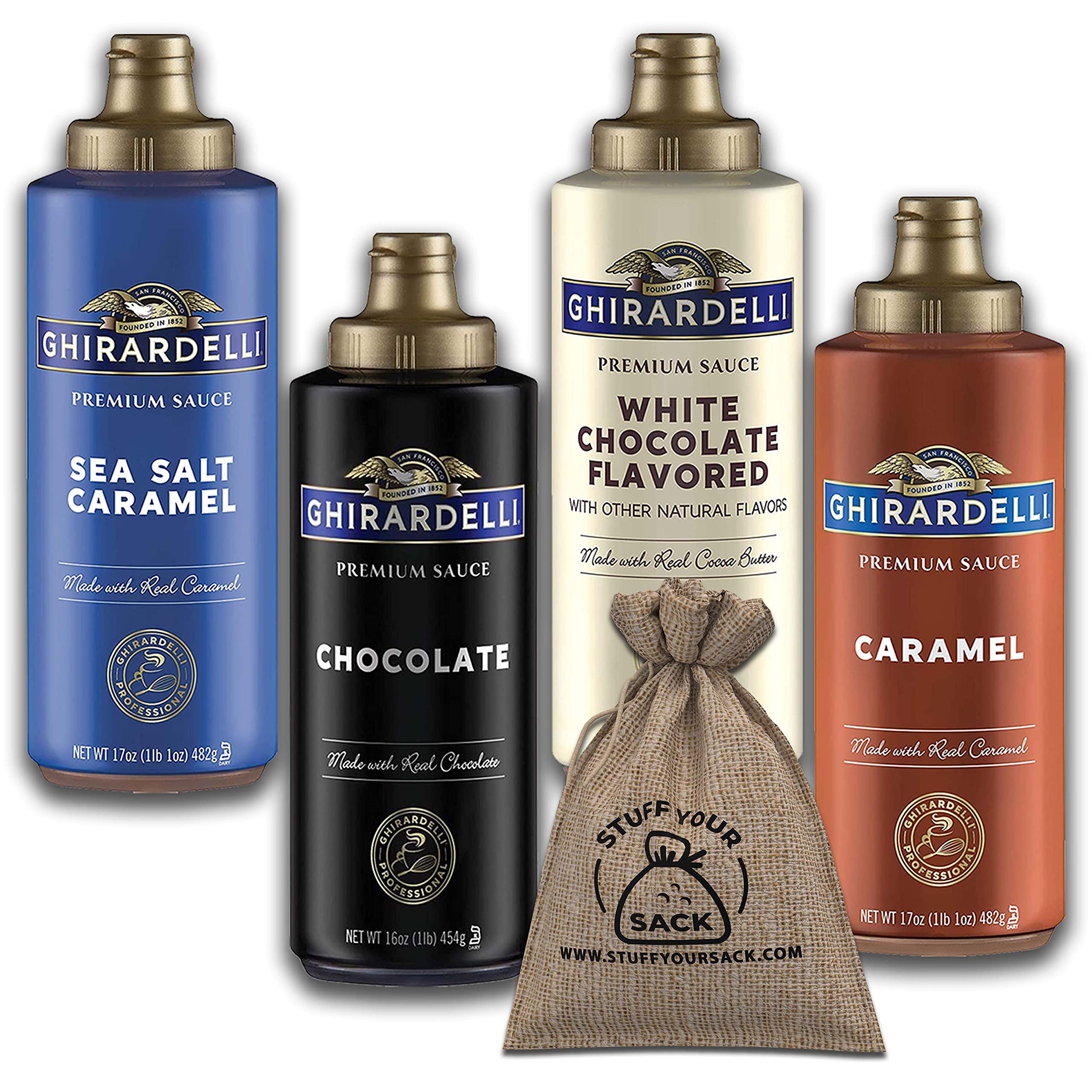 Ghirardelli Sauce Variety Pack | 4 Flavors - 16 OZ Black Label Chocolate, Caramel, Sea Salt Caramel,
