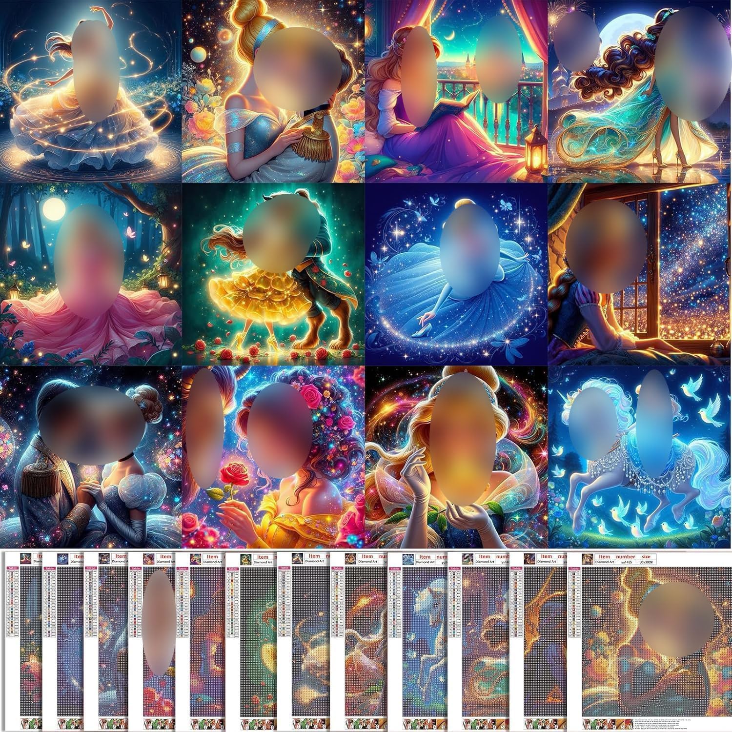 KEYRANKE 12 Stück Diamond Painting Bilder Prinzessin Set, 5D Diamant Painting Erwachsene, Round Full Drill Diamond Painting, DIY Kunstwerk für Home Wand Dekor Geschenk, 30×30cm/12×12inch