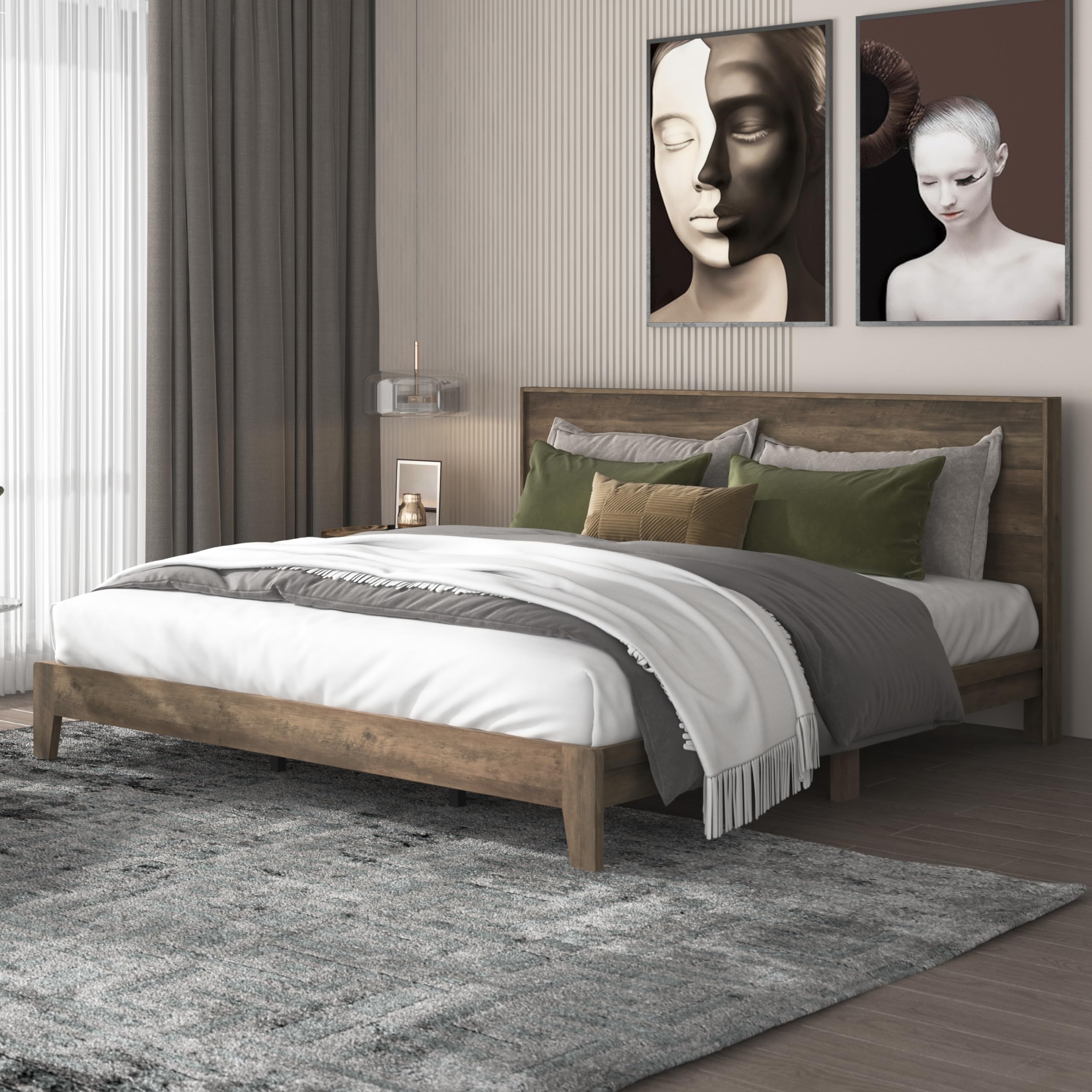 Galano Payne Luxe King Platform Bed Frame, Wooden Slats, No Box Spring Needed, Headboard, Bedroom Furniture, Western Decor, Farmhouse Style, Knotty Oak