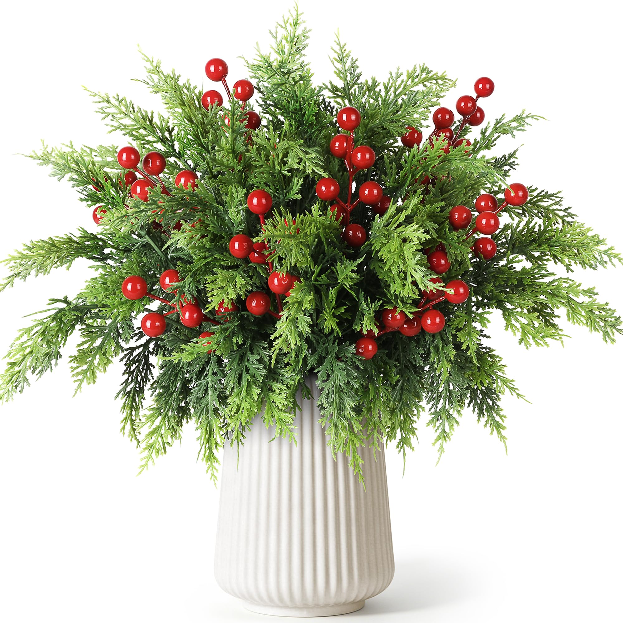 WISELIFE Weihnachtsgrün mit Beerenstielen für Weihnachtsdekorationen im Innenbereich, kurze Tannenzweige und Weihnachtsspieße für Kränze, Tischdekoration und Vasenarrangements, 45 Stück