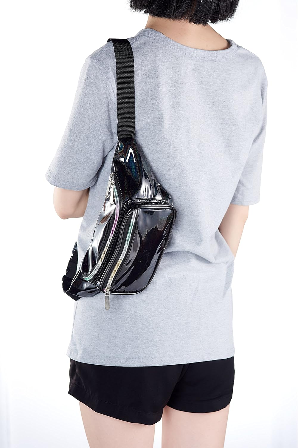 Holographic Glitter black Rave Fanny Pack For Women Grils Festival Waist Belt Bags (Bright black) - Image 6