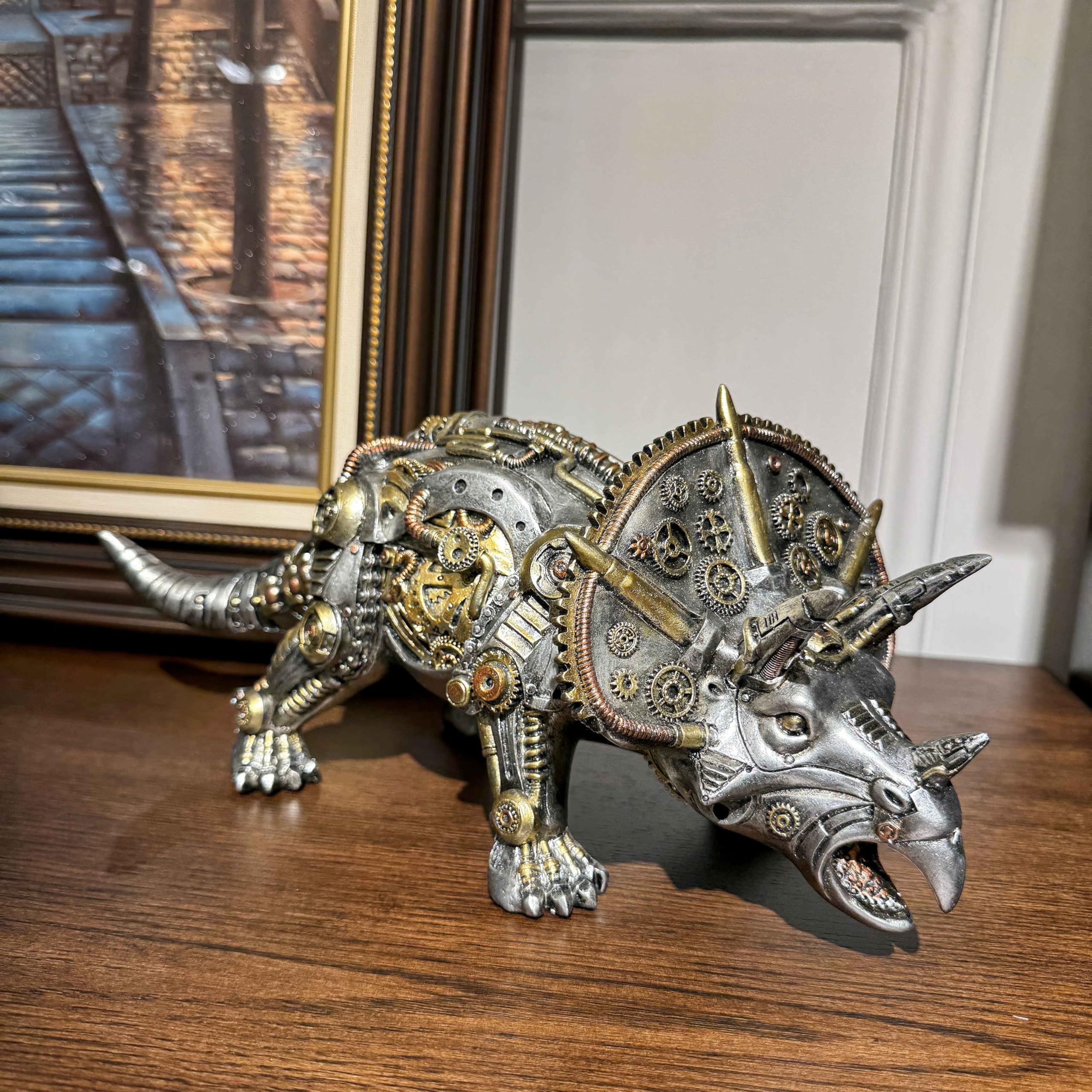 OUTOUR Steampunk Triceratops statuetka dinozaura, 38 cm, długa figurka z żywicy, dekoracja biurka, rzeźba, zwierzę, kolekcja, prezent dla mężczyzn, mężczyzn, dekoracja jaskini