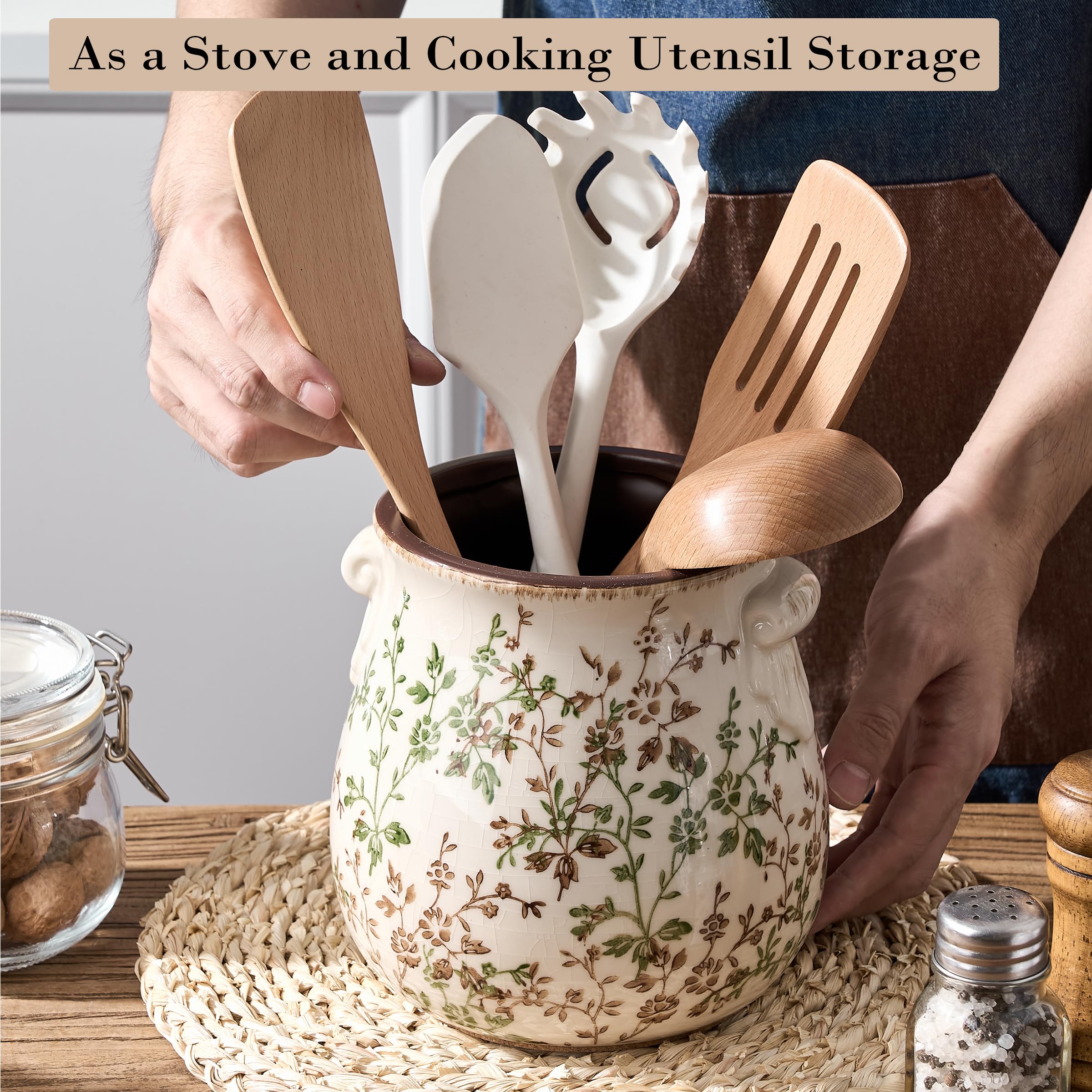 Porte-ustensiles pour comptoir de cuisine, support d'ustensiles de cuisine rustique moderne et rustique, organisateur d'ustensiles de cuisine exquis en chinoiserie en céramique pour décoration