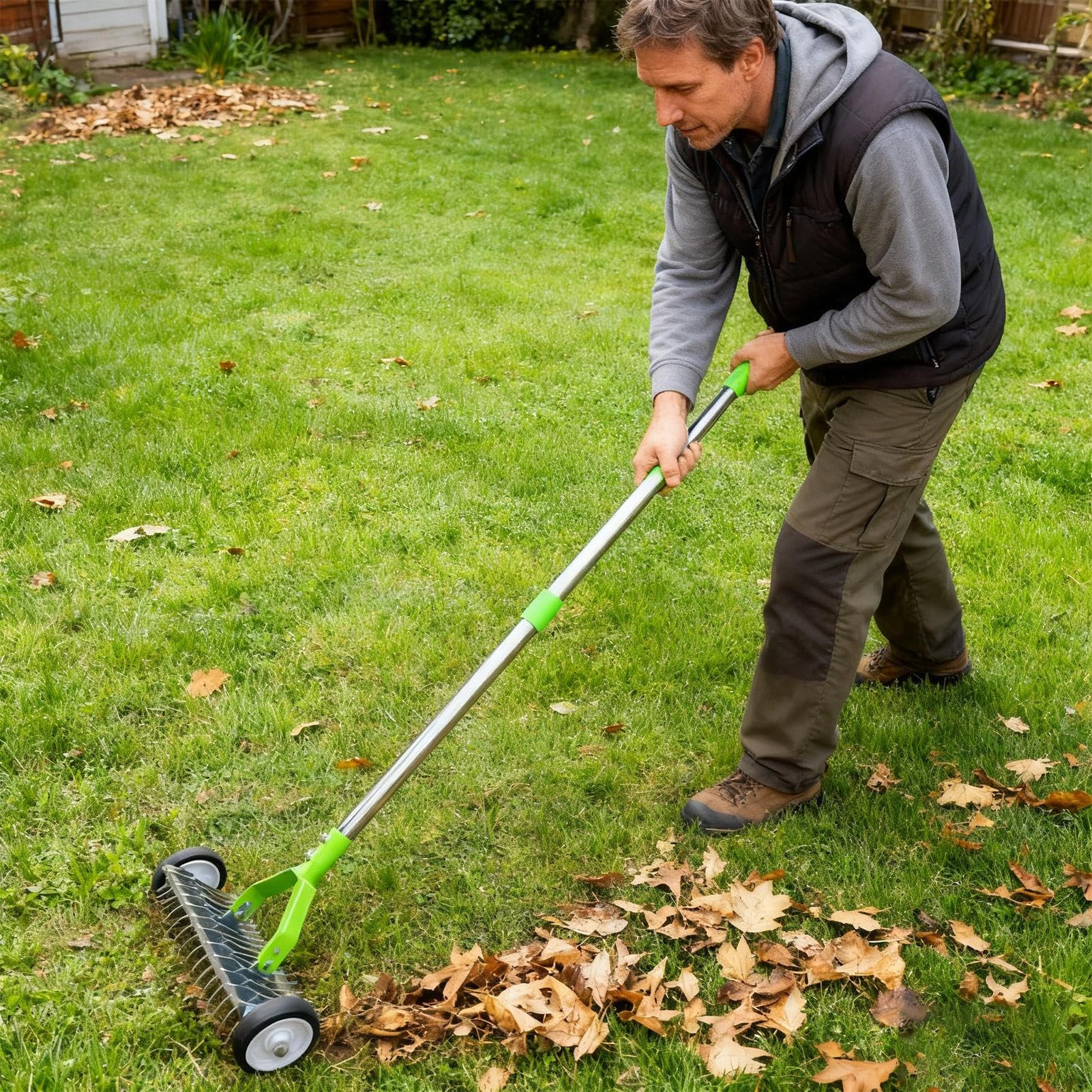 Rastrello per Arieggiatura Regolabile Resistente In Metallo Con Ruote | Strumento Per Arieggiatura Del Prato Per Allentare Terreno Livellare Giardino Esterno Foglie Giardinaggio Paesaggistica