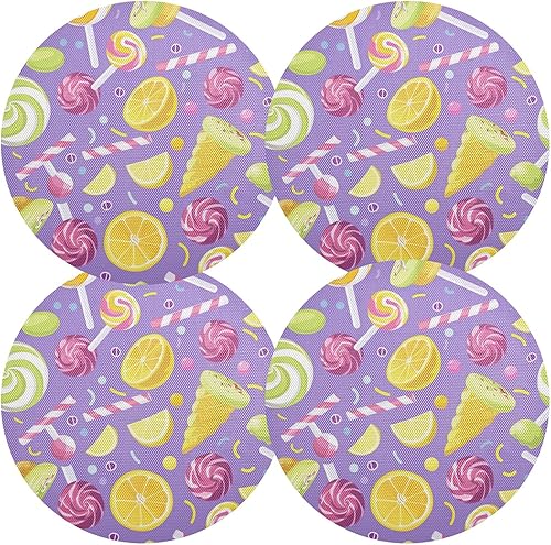 Juego de 4 manteles individuales redondos de dulces y piruletas de colores de 15 pulgadas, manteles individuales circulares para decoración del