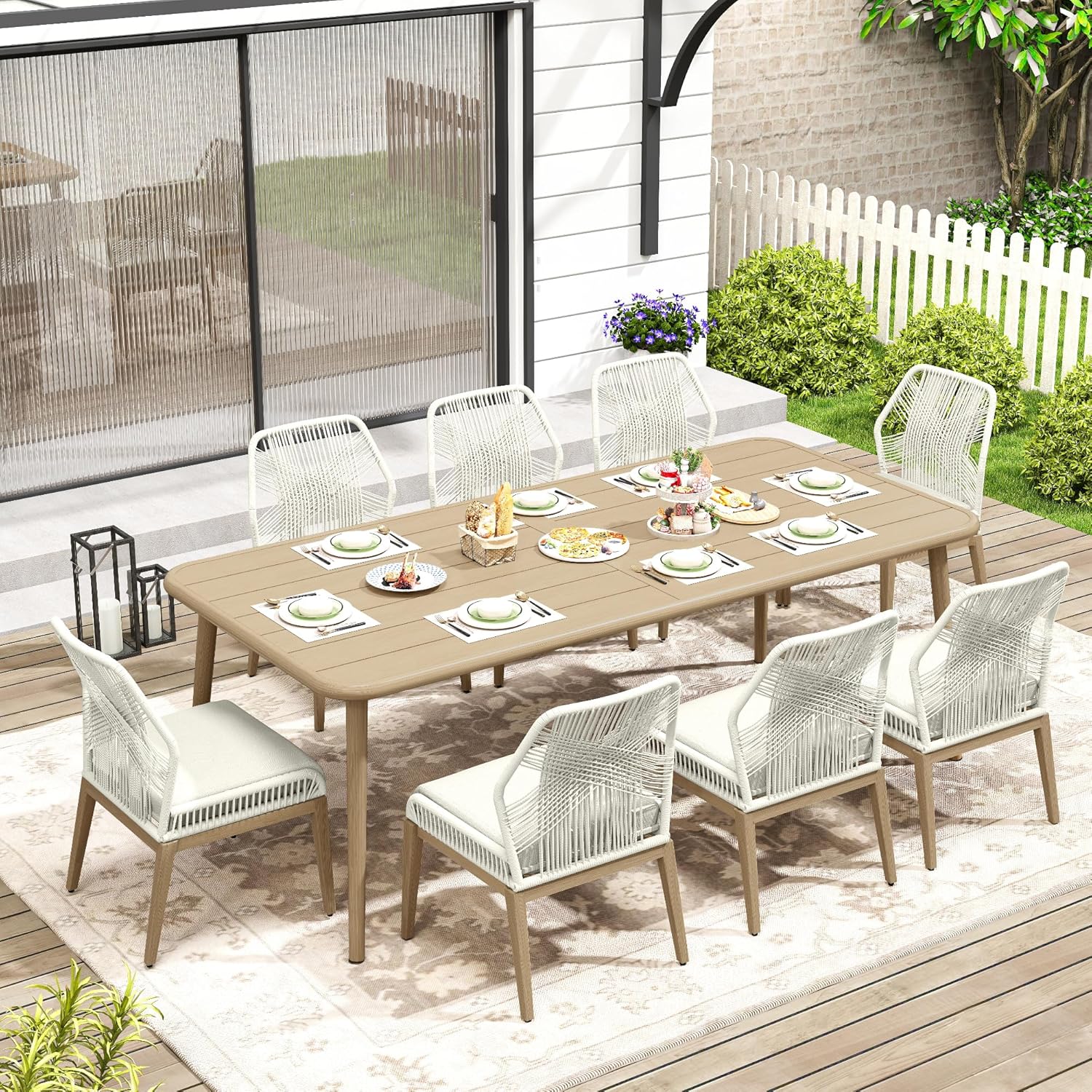 HAPPATIO Outdoor Dining Sets for 8, 9-Piece Patio Table and Chairs Set, Rope Woven Chairs with Cushions, Wood-Grain Aluminum Frame Patio Dining Set for Outside, Lawn, Garden, Backyard