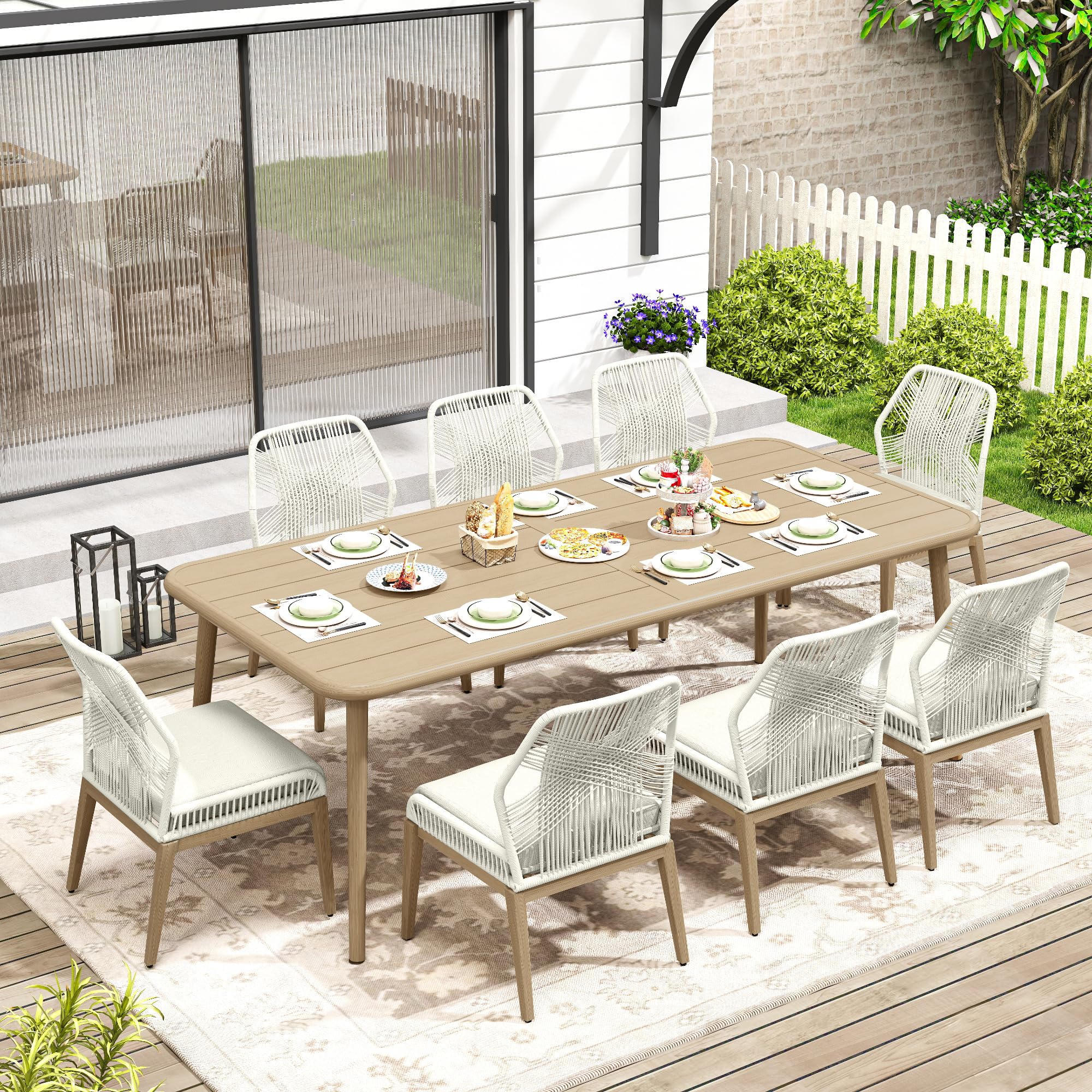 HAPPATIO Outdoor Dining Sets for 8, 9-Piece Patio Table and Chairs Set, Rope Woven Chairs with Cushions, Wood-Grain Aluminum Frame Patio Dining Set